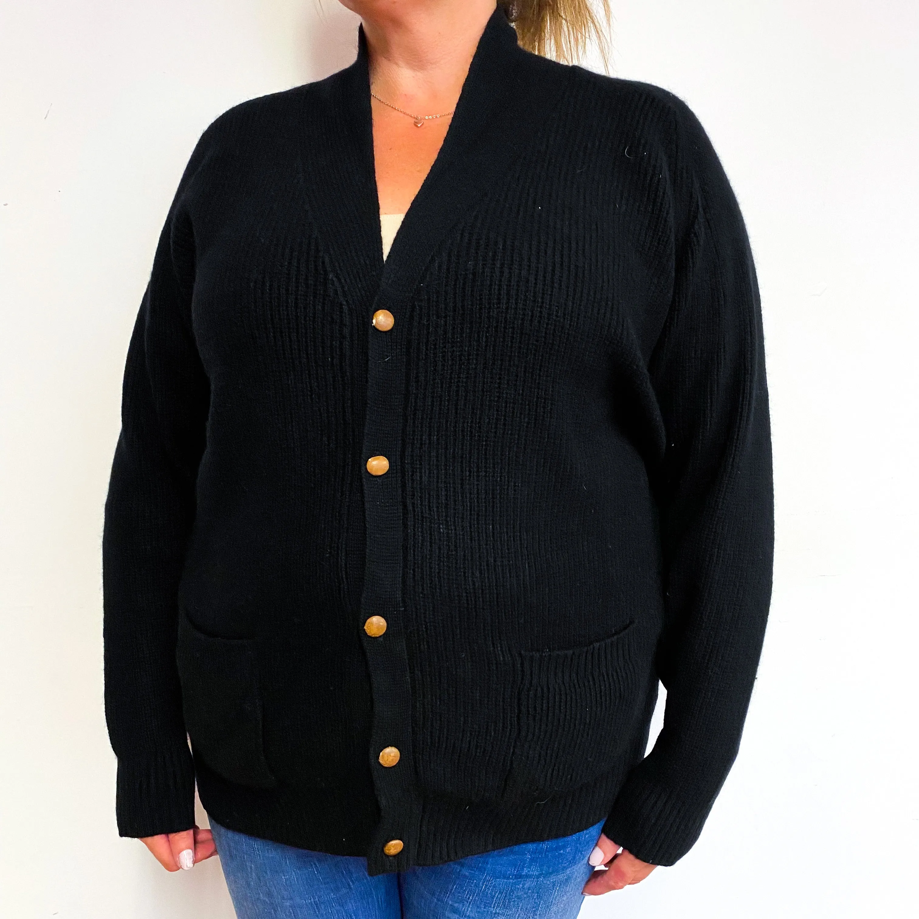 Black Chunky Cashmere V-Neck Cardigan with Pockets Extra Large