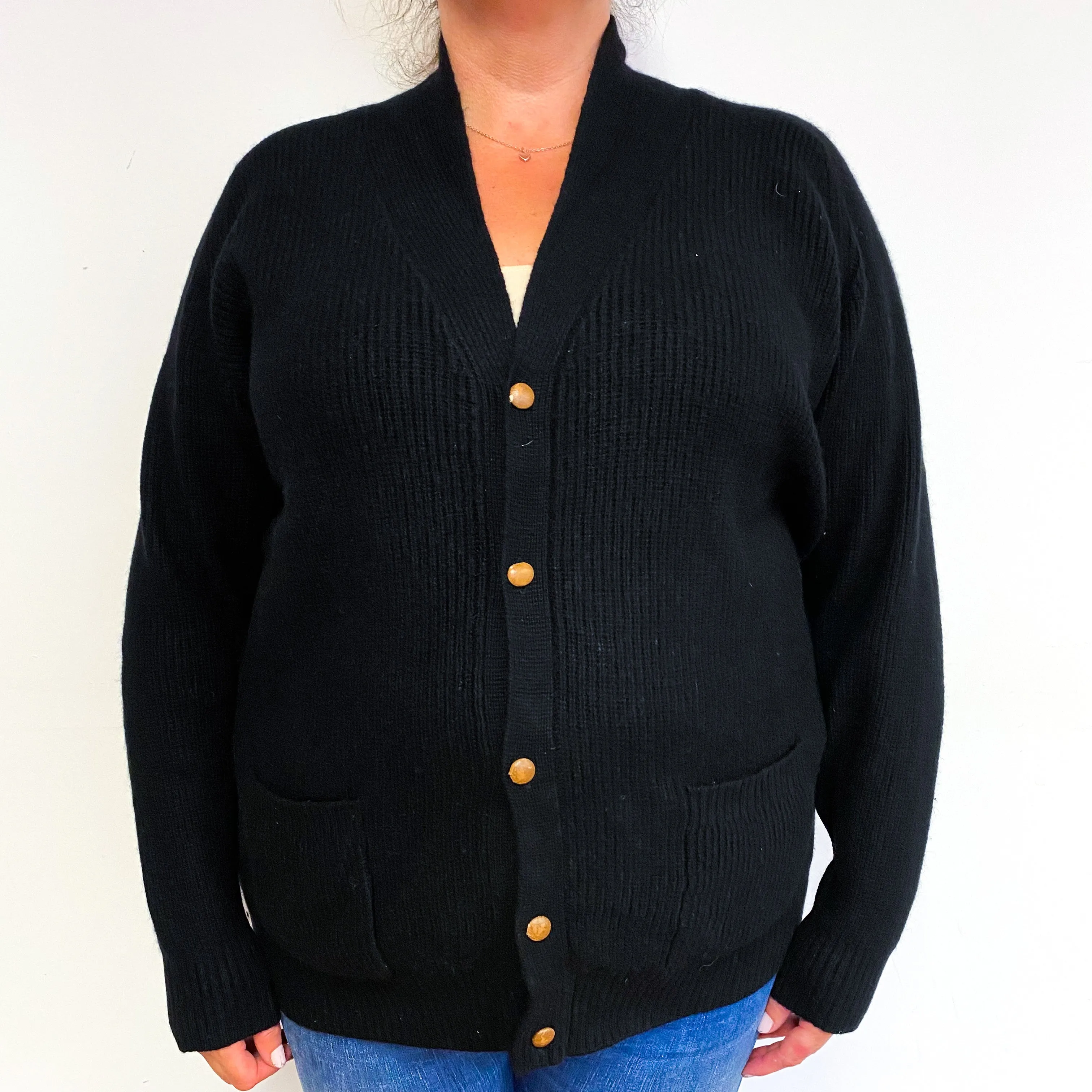 Black Chunky Cashmere V-Neck Cardigan with Pockets Extra Large