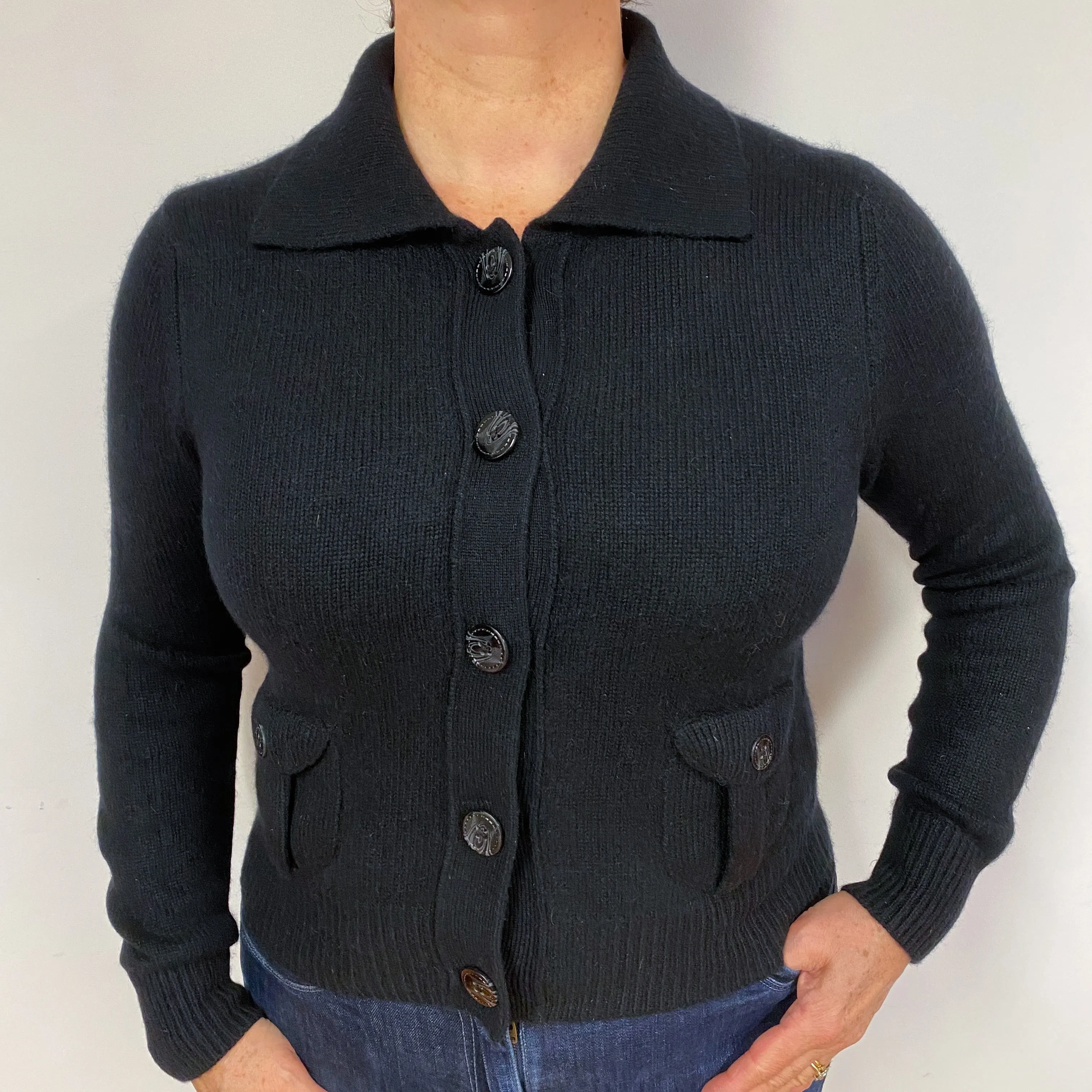 Black Collared Cashmere Jacket with Pockets Large