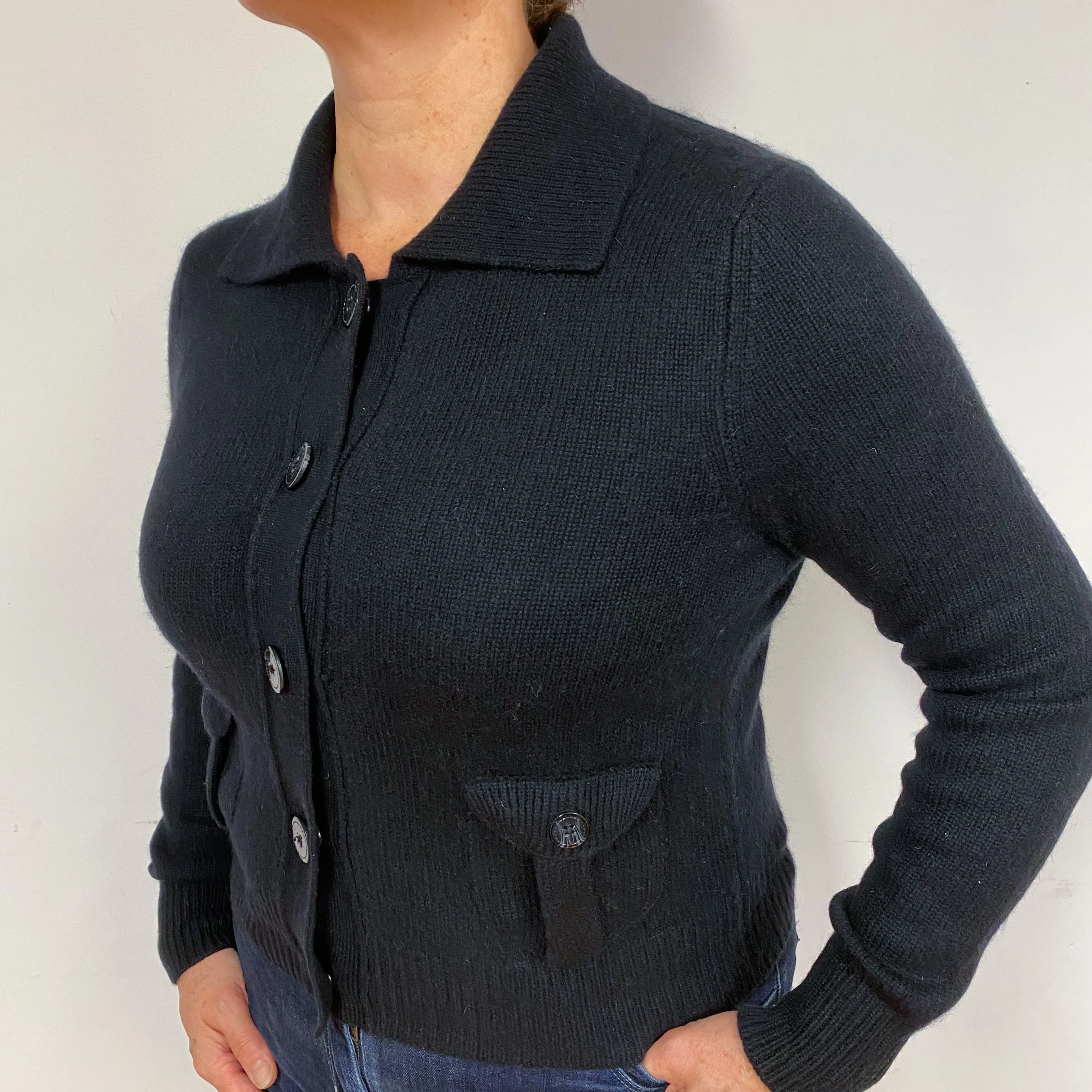 Black Collared Cashmere Jacket with Pockets Large