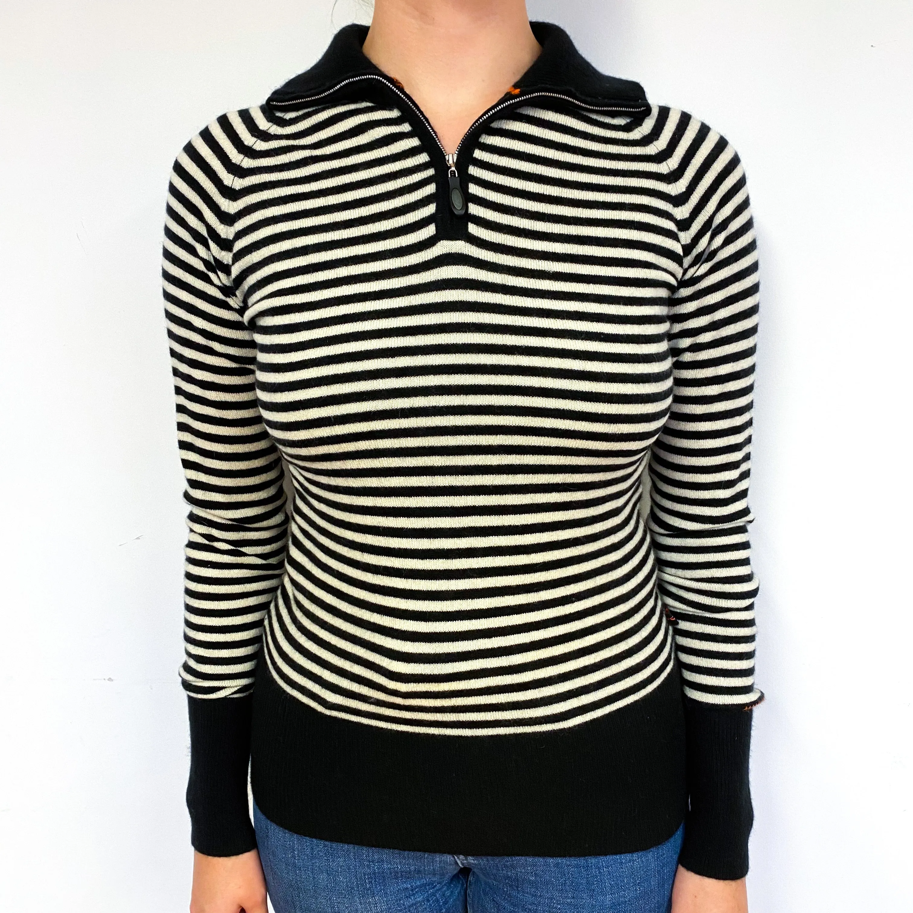 Black Cream Stripe Cashmere Turtle Neck Jumper Small