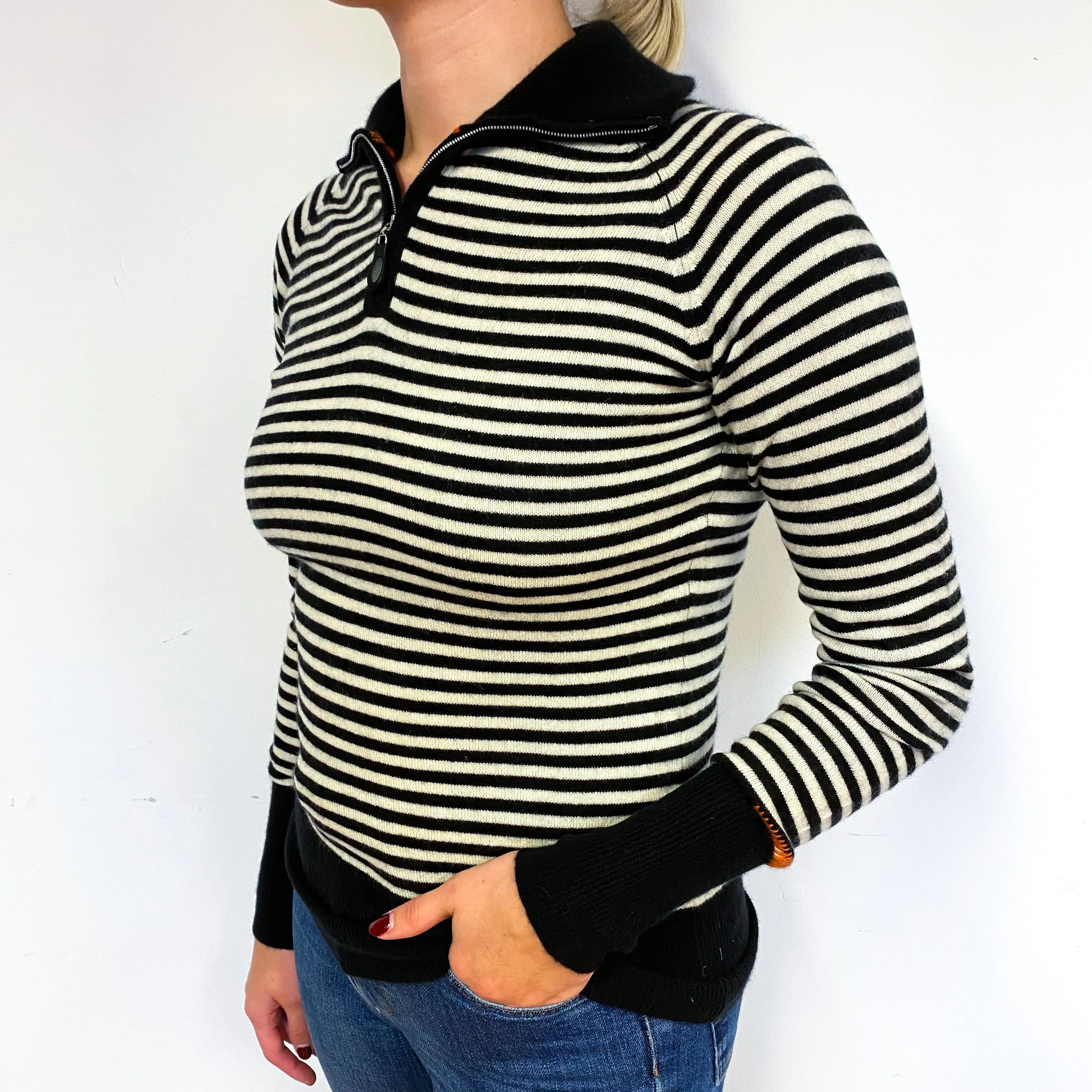 Black Cream Stripe Cashmere Turtle Neck Jumper Small