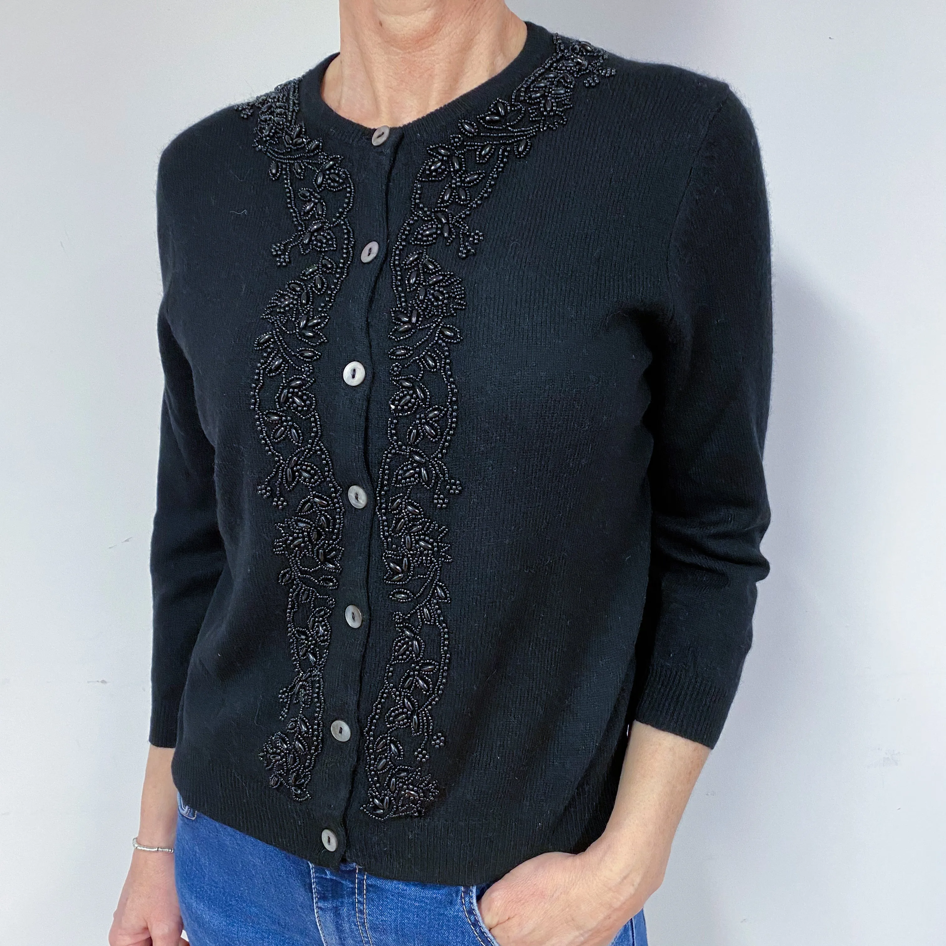 Black Embellished Cashmere Crew Neck Cardigan Medium