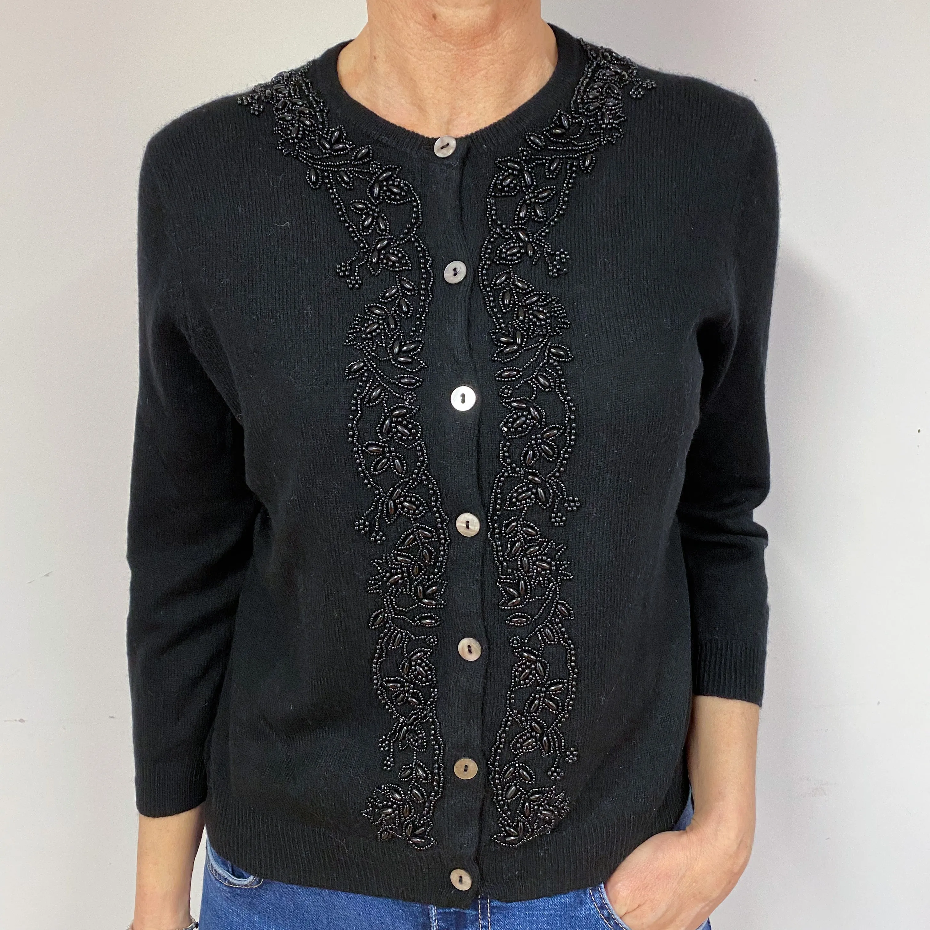 Black Embellished Cashmere Crew Neck Cardigan Medium