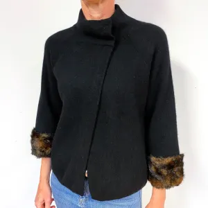 Black Faux Fur Cuff Cashmere Turtle Neck Cardigan Medium