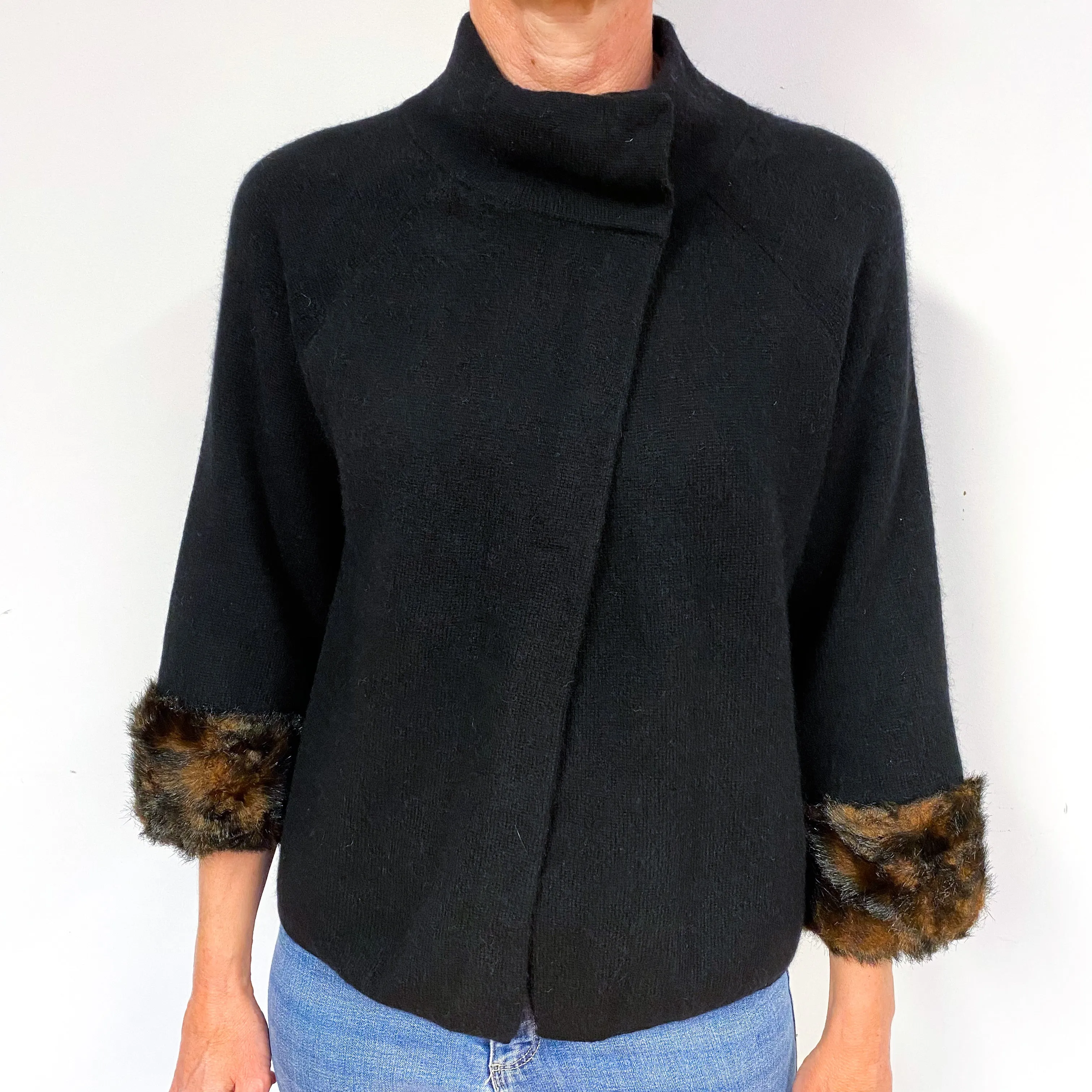 Black Faux Fur Cuff Cashmere Turtle Neck Cardigan Medium