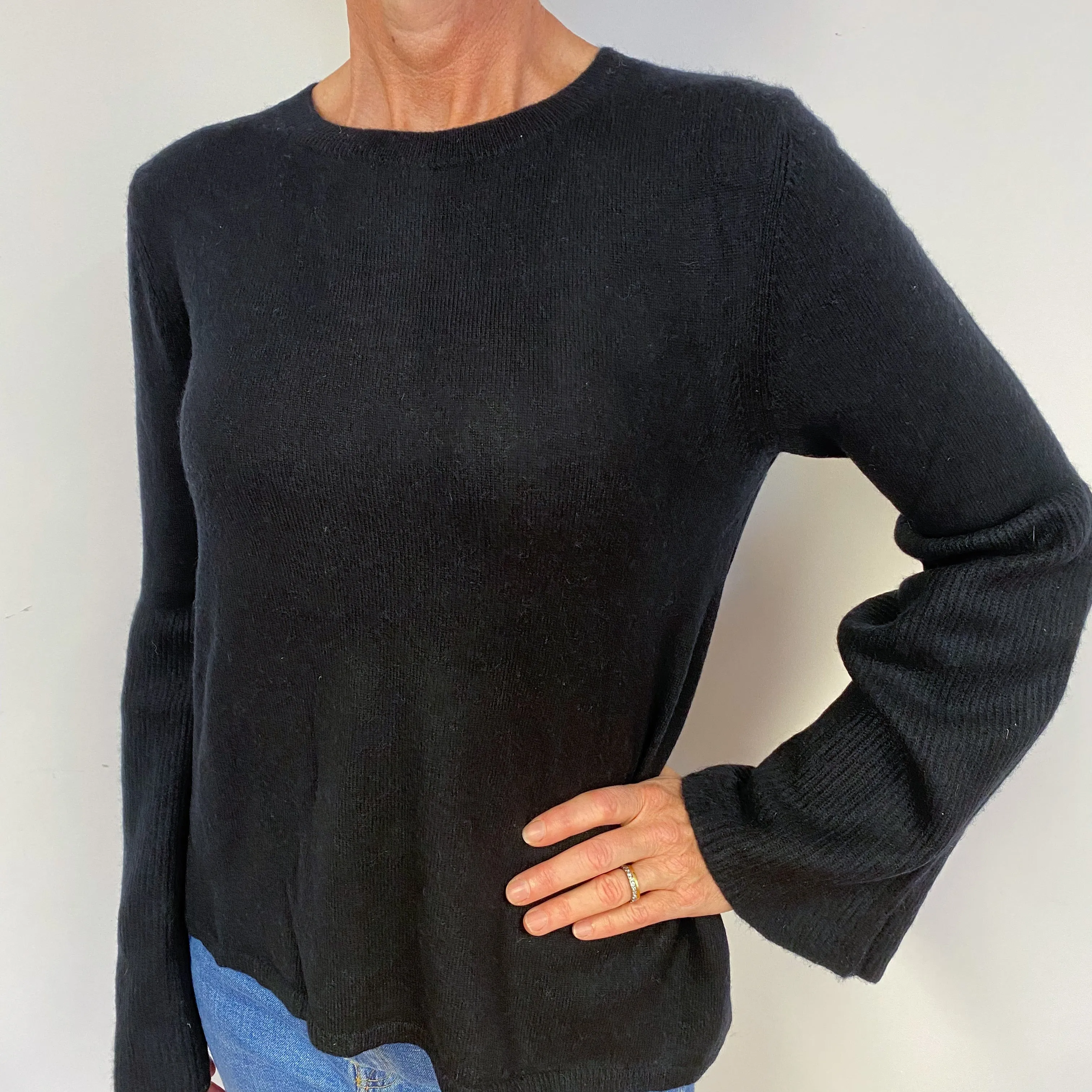 Black Flute Sleeve Cashmere Crew Neck Jumper