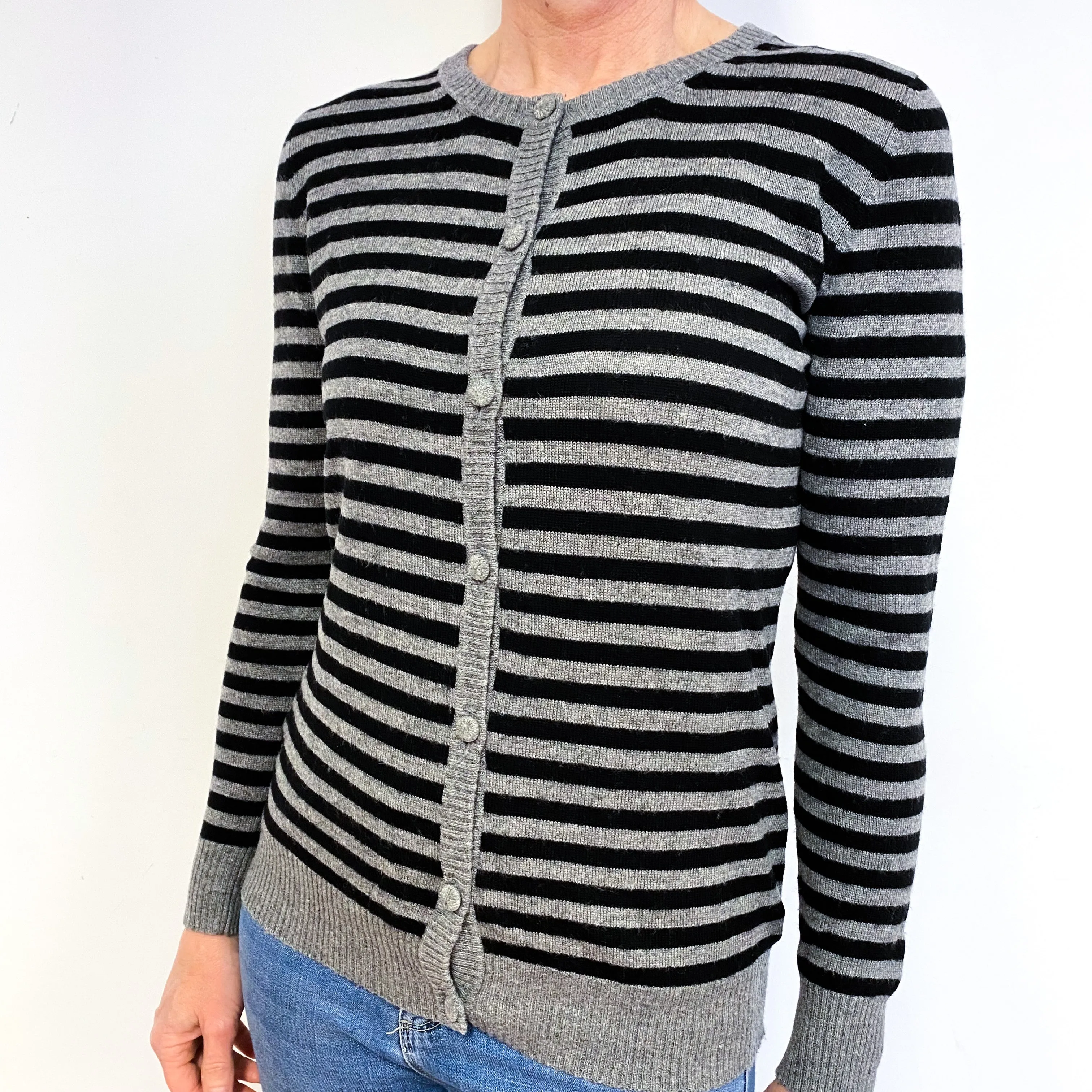 Black Grey Stripe Cashmere Crew Neck Cardigan Medium