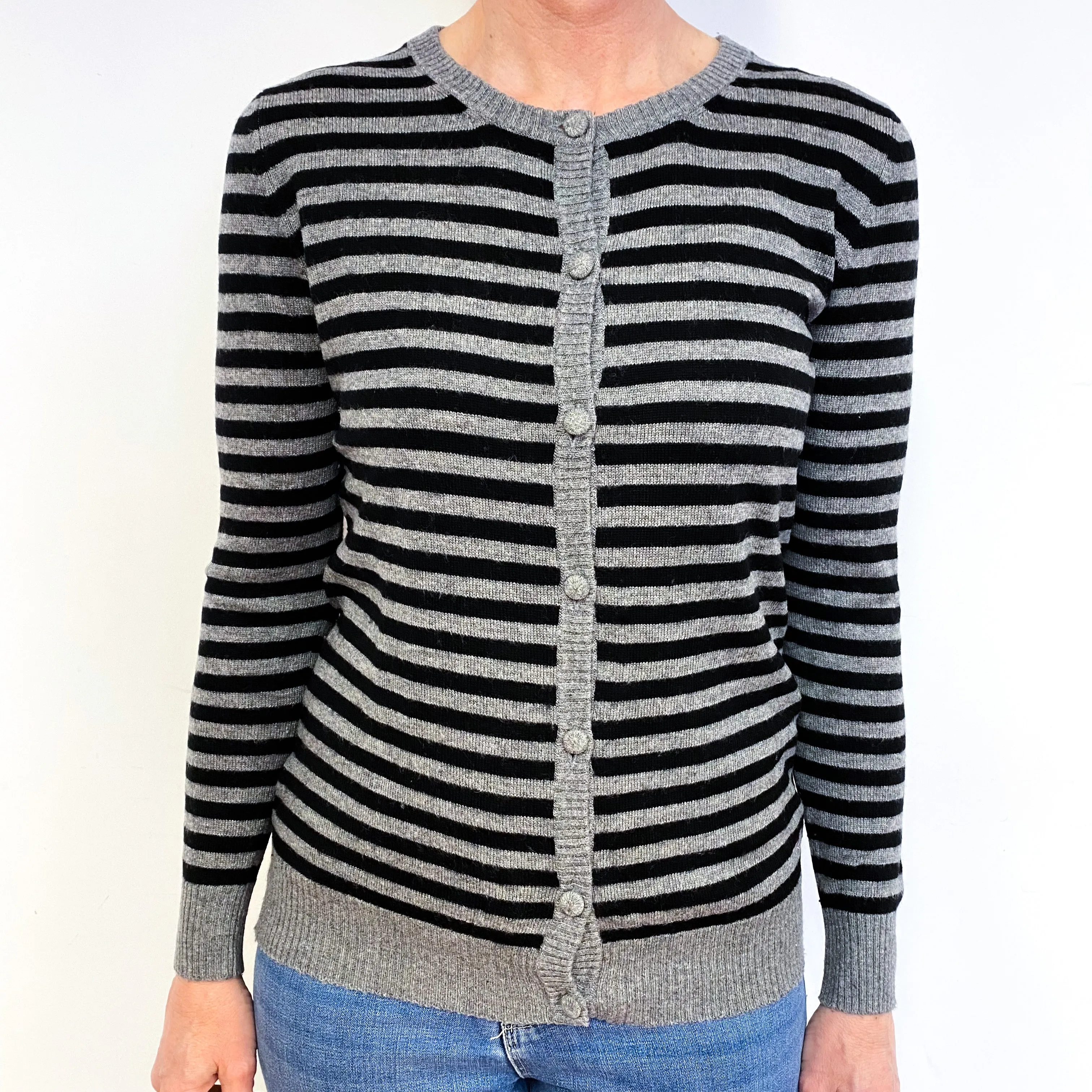 Black Grey Stripe Cashmere Crew Neck Cardigan Medium