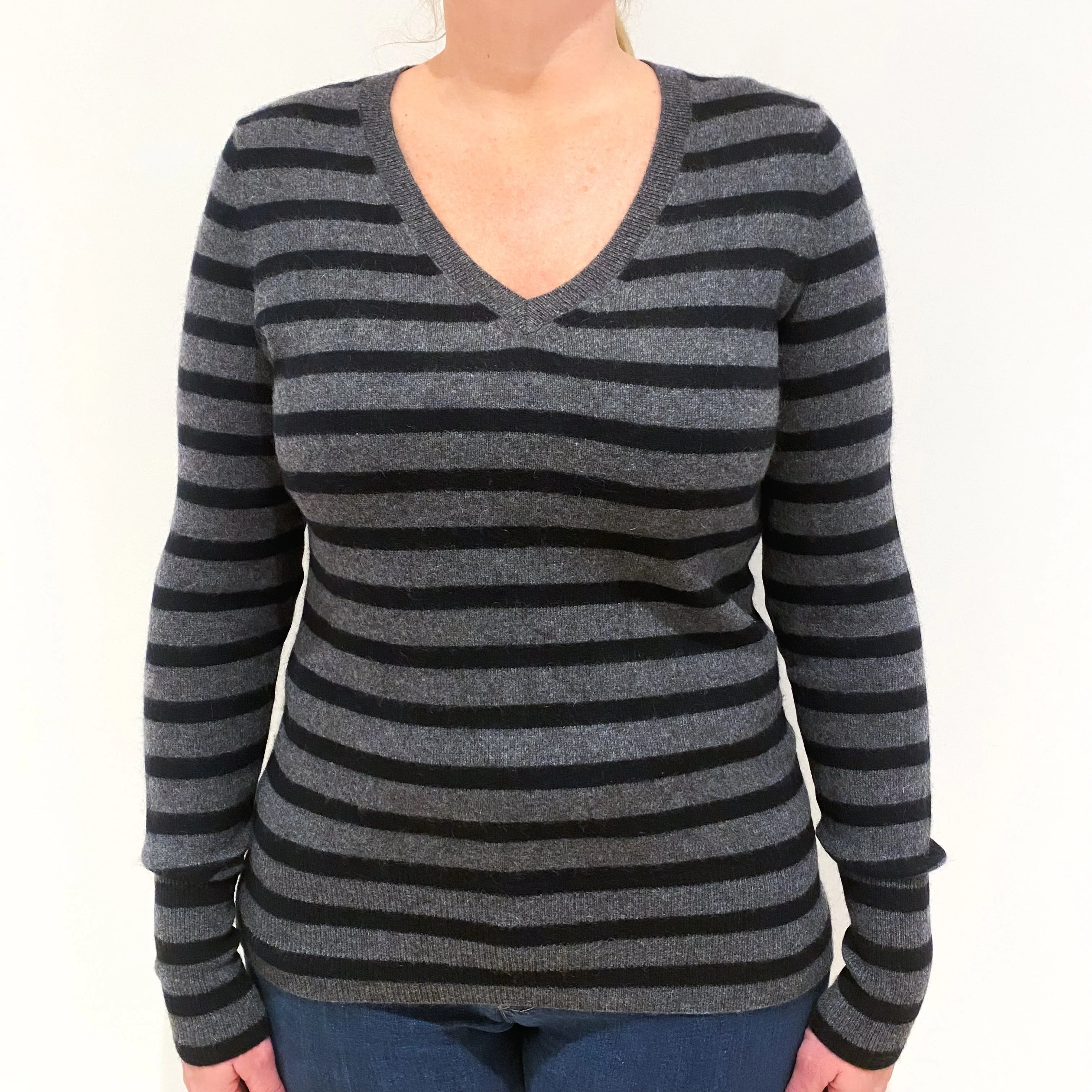 Black Grey Striped Cashmere V-Neck Jumper Large