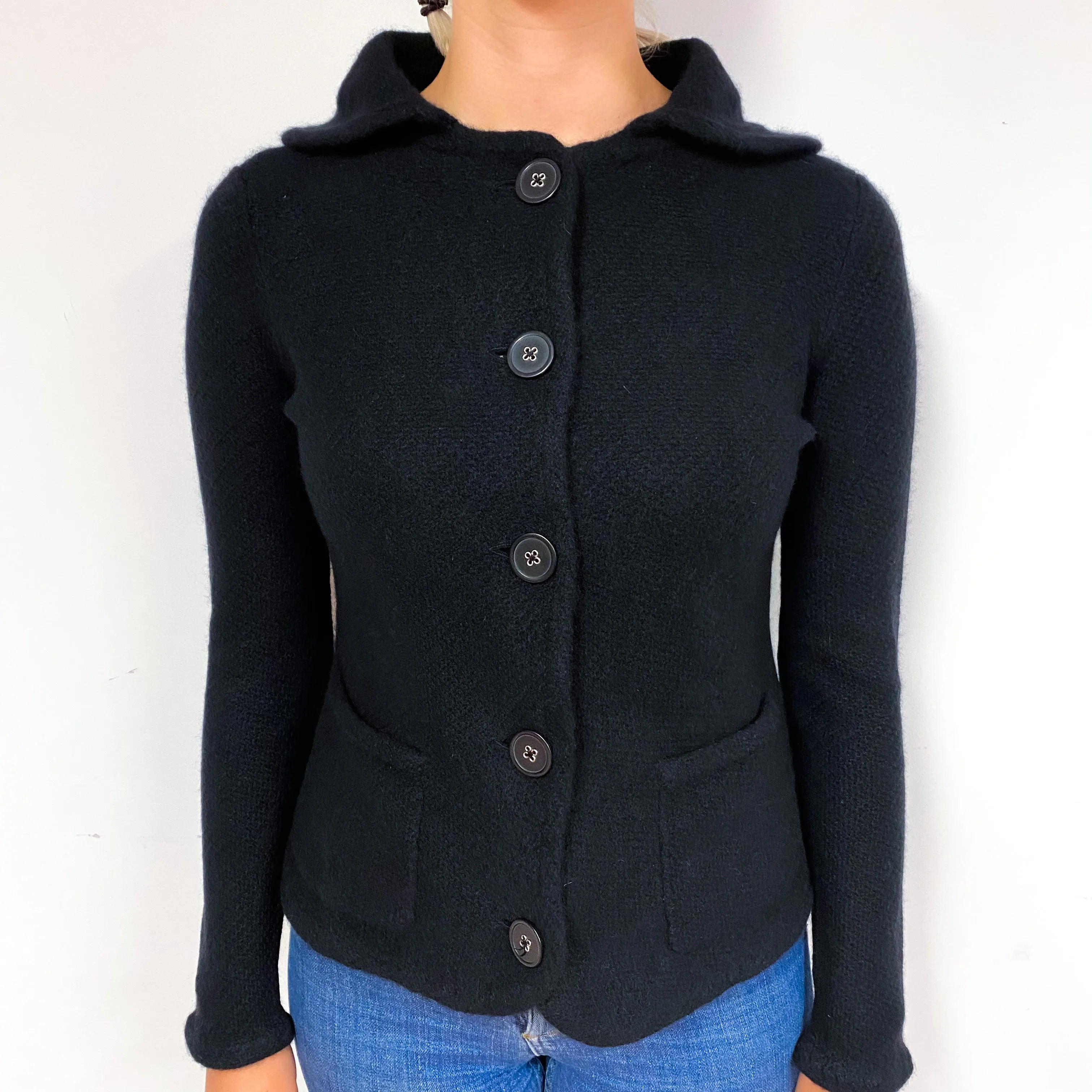 Black Heavy Knit Cashmere Collared Jacket with Pockets Small