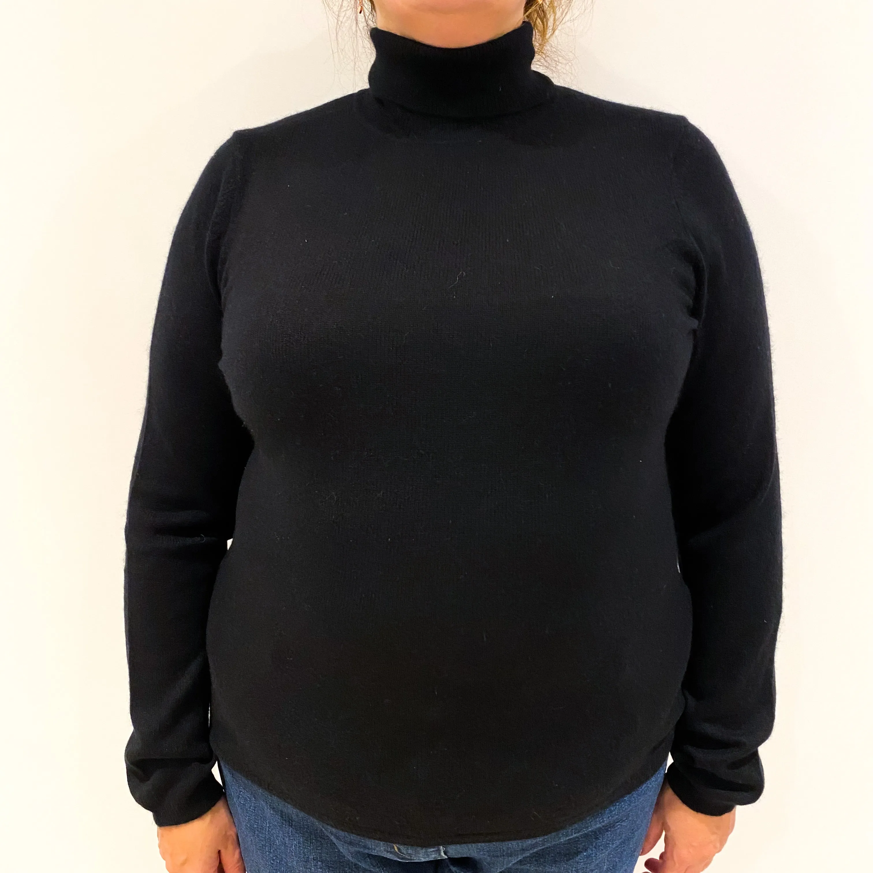 Black Lightweight Cashmere Polo Neck Jumper Extra Large