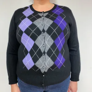 Black Purple Grey Cashmere Crew Neck  Cardigan X Large