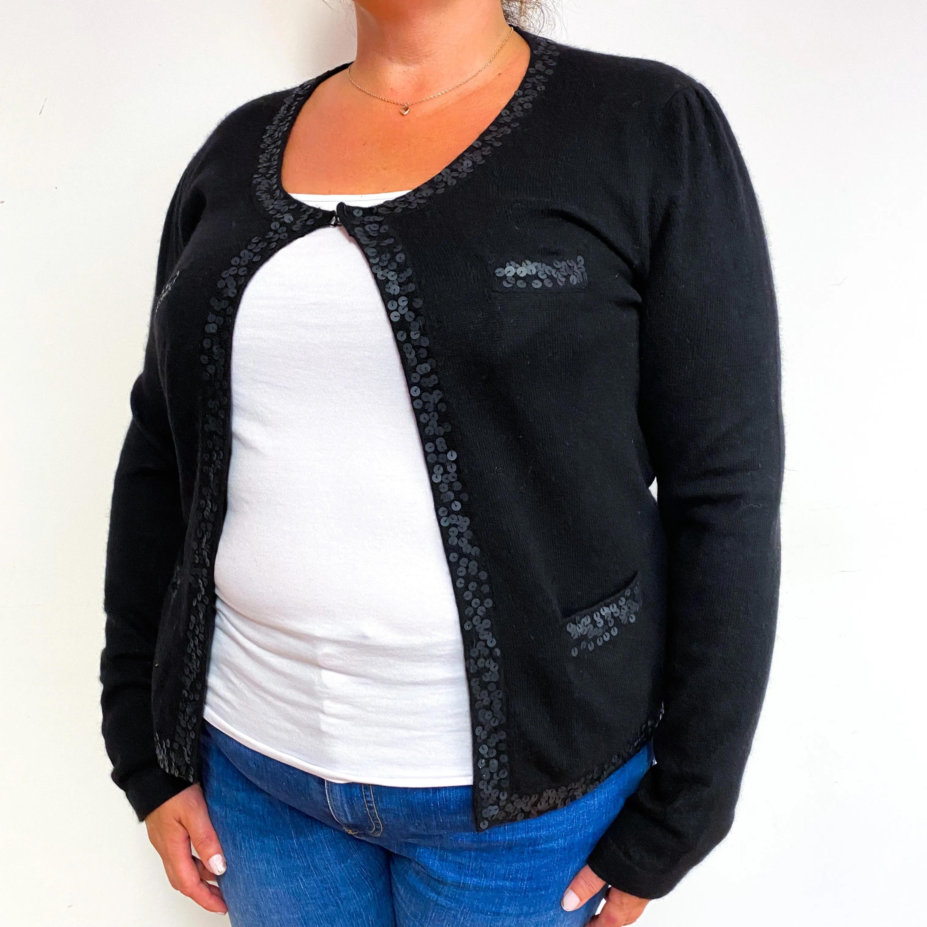 Black Sequinned Cashmere Cardigan with Pockets Extra Large