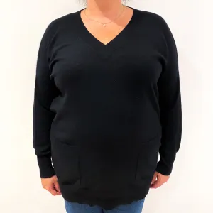 Black Slouchy Cashmere V-Neck Jumper with Pockets Extra Large