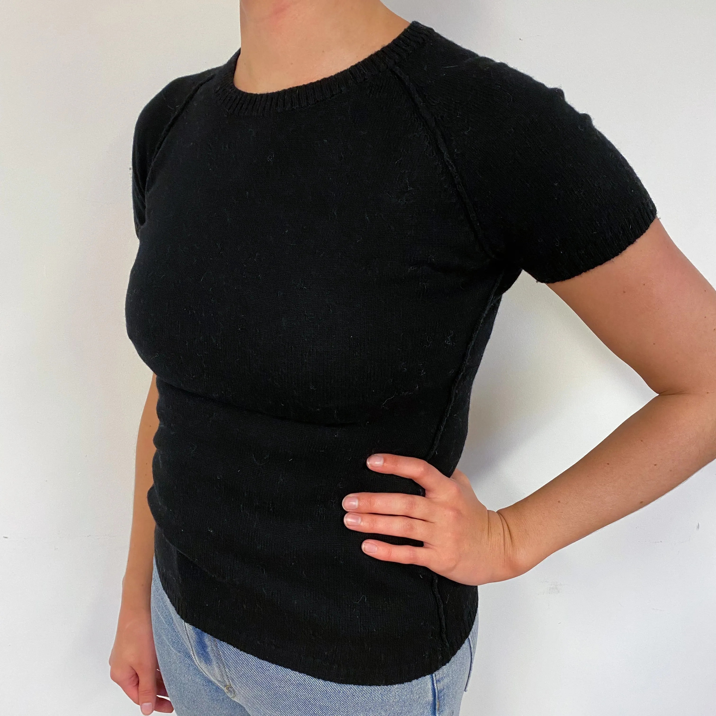 Black Zip Back Cashmere Short Sleeved Jumper Small