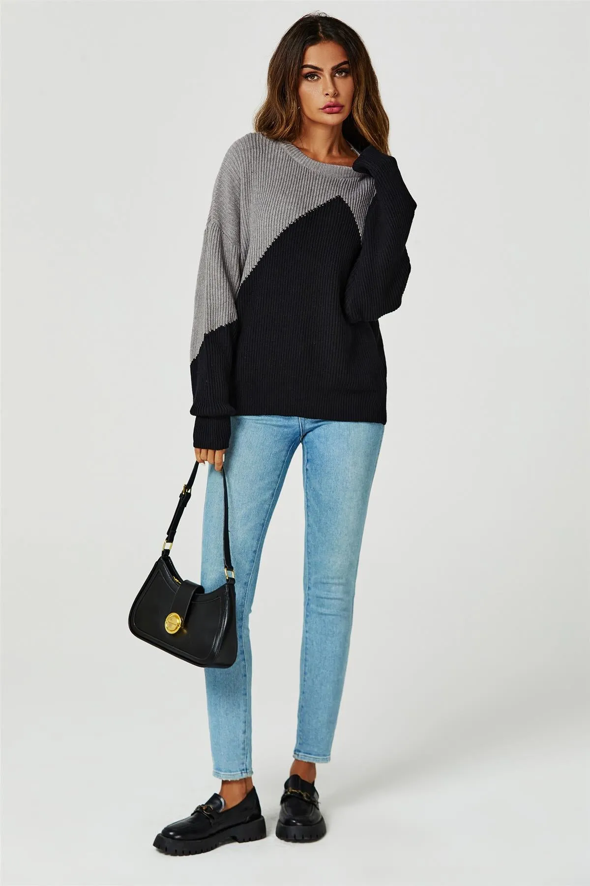 Block Colour Relaxed Knit Jumper Top In Grey & Black