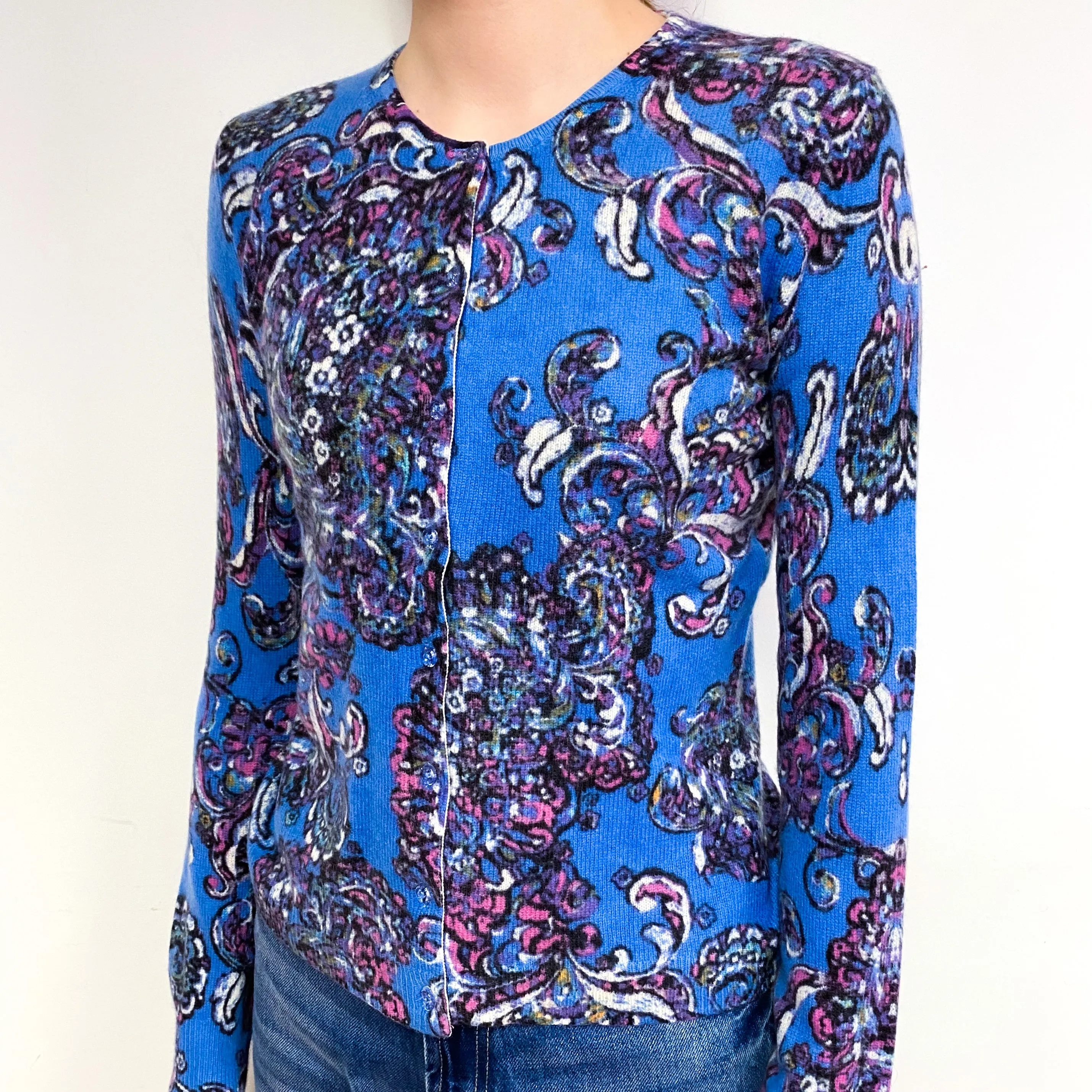 Blue and Pink Paisley Cashmere Crew Neck Cardigan Extra Small