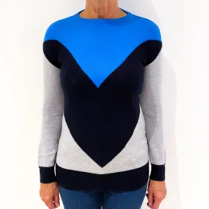 Blue, Black and Grey Colour Block Cashmere Crew Neck Jumper Medium