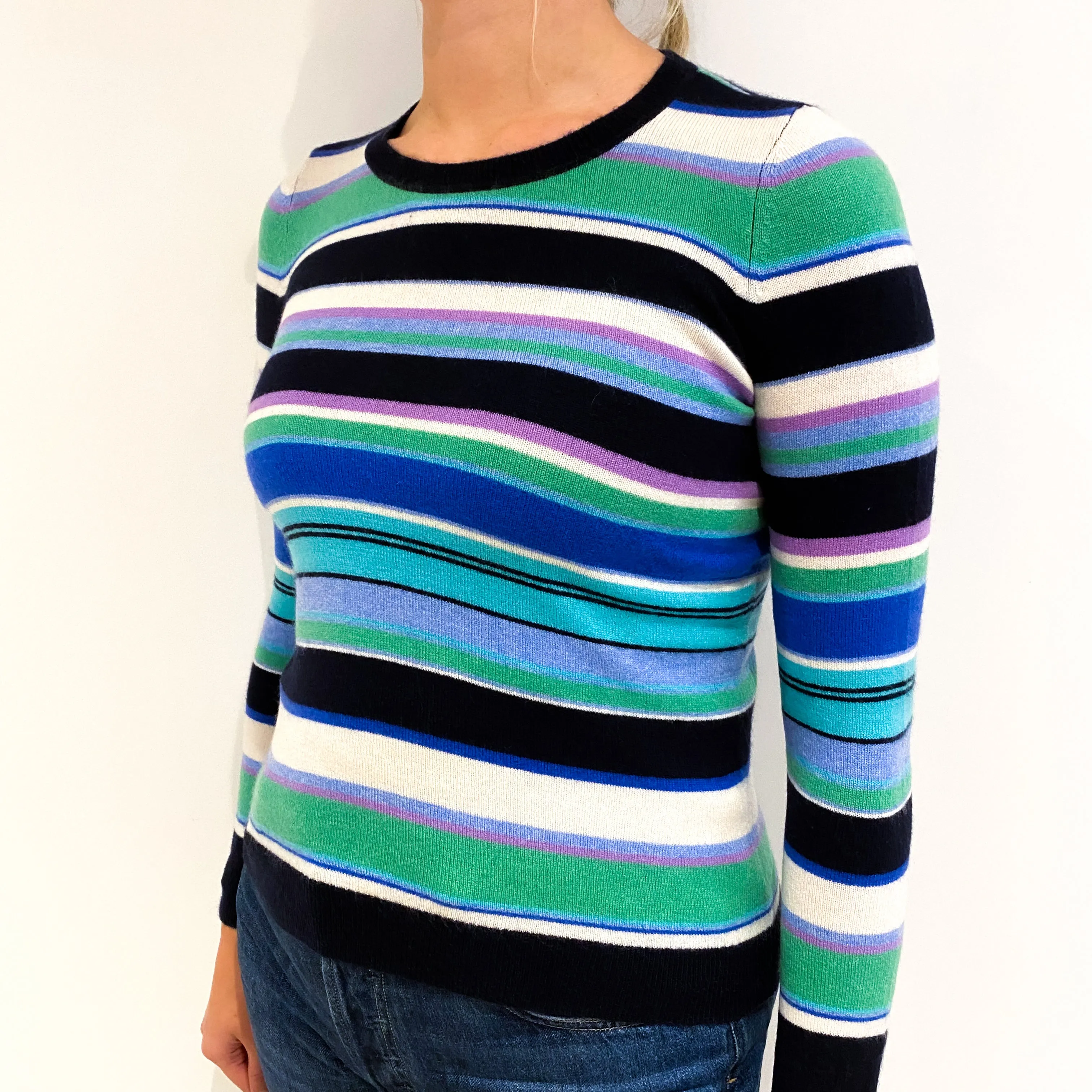 Blue Navy and Green Stripe Cashmere Crew Neck Jumper Small