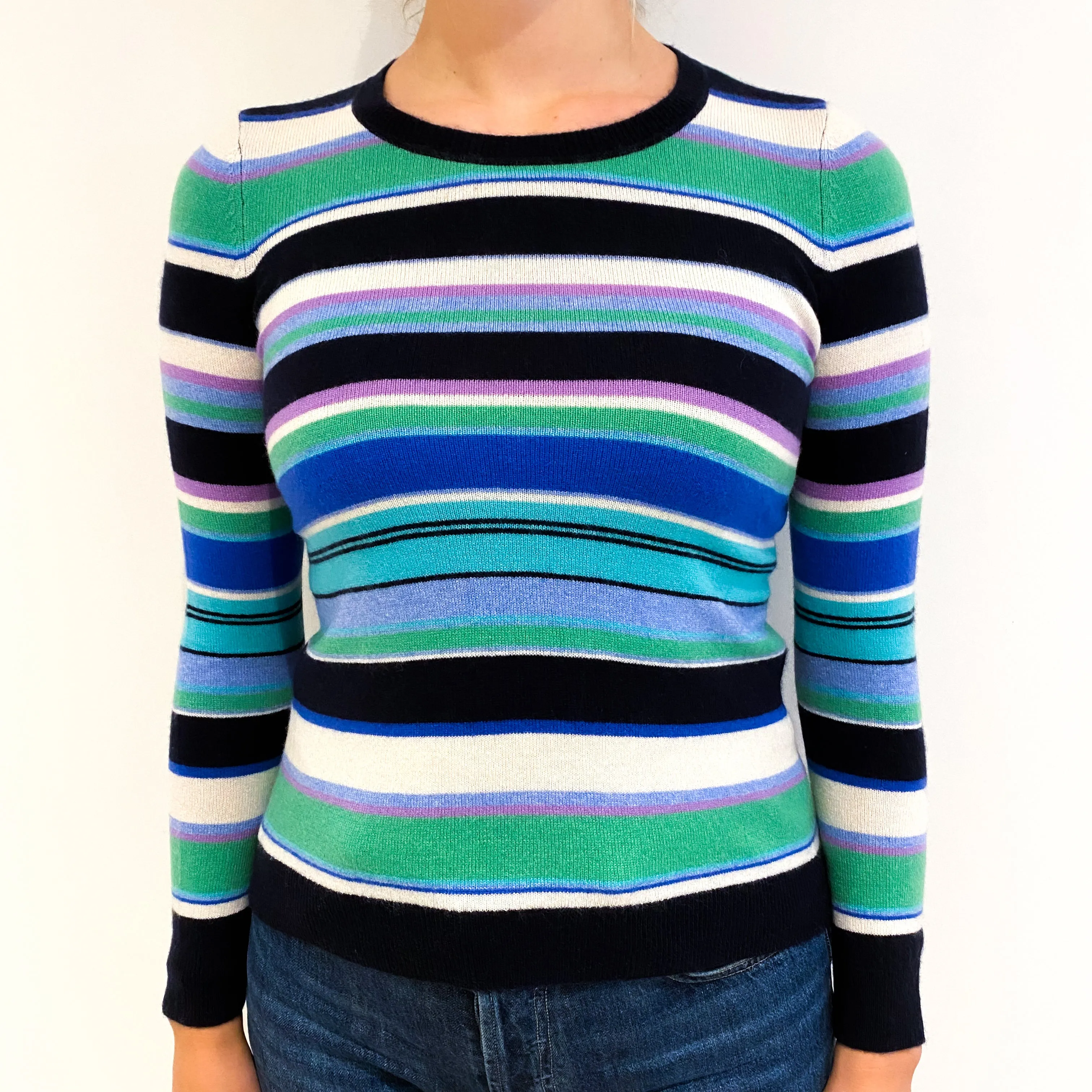 Blue Navy and Green Stripe Cashmere Crew Neck Jumper Small