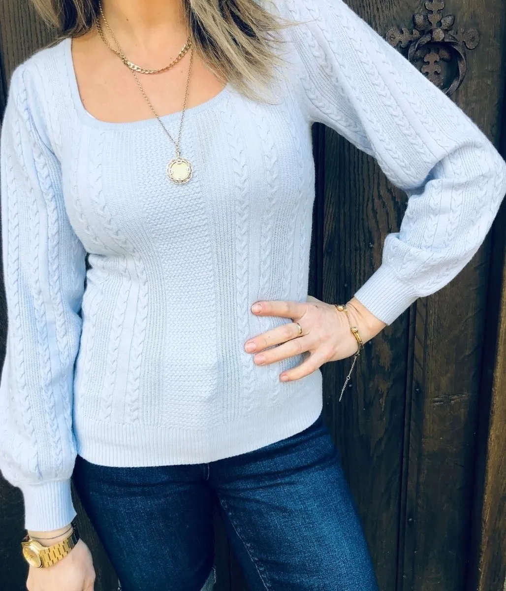 Blue Square Neck Cable Knit Jumper