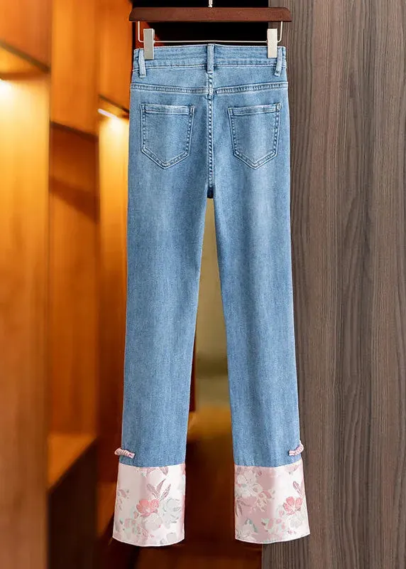 Boho Blue Patchwork Pink High Waist Straight Jeans TY1061