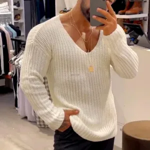 Bonsir Mens Casual V-Neck Solid Sweater Autumn Winter Fashion Knitted Pullover Tops For Men  Harajuku Long Sleeve Jumper Streetwear