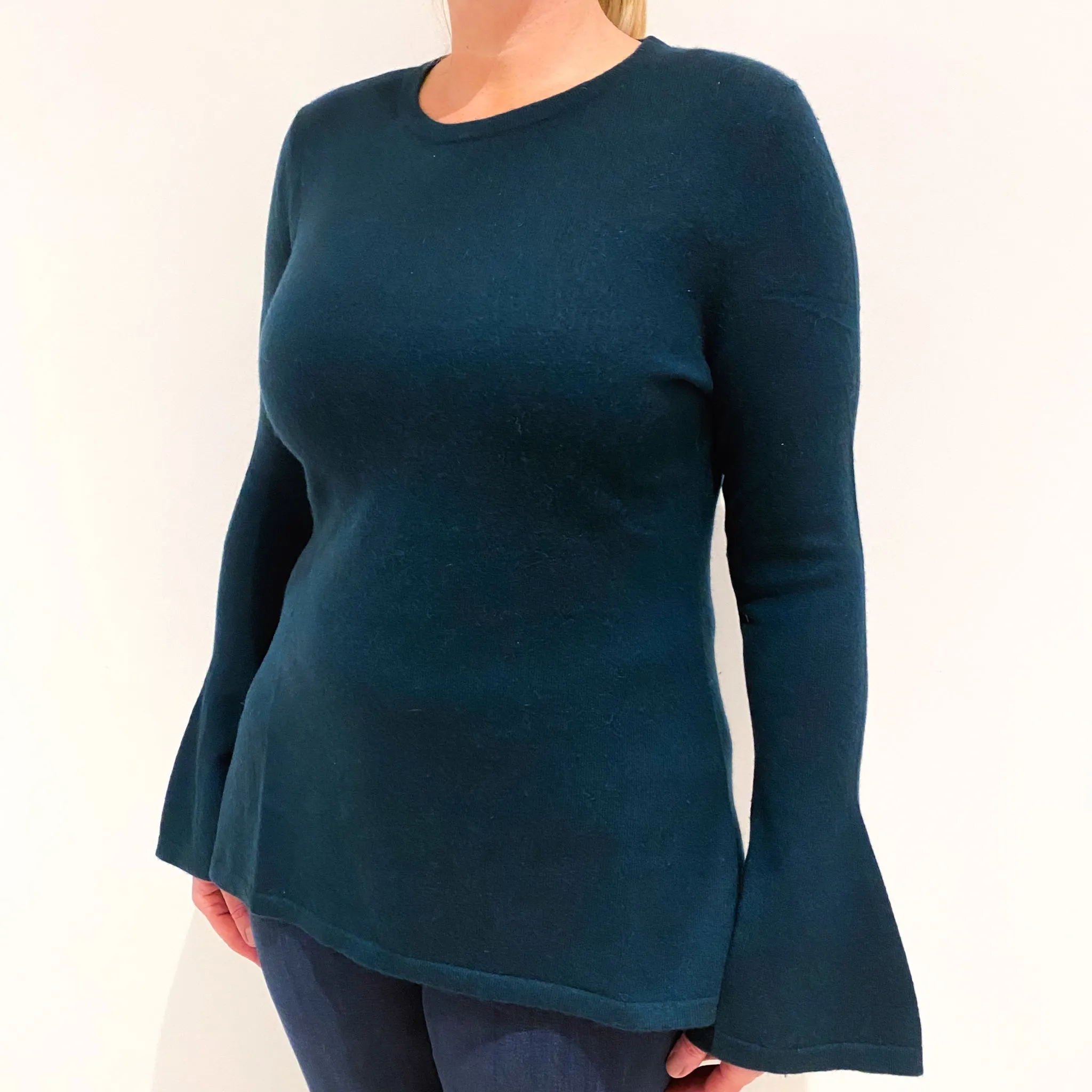 Bottle Green Bell Sleeved Cashmere Longline Crew Neck Jumper Large