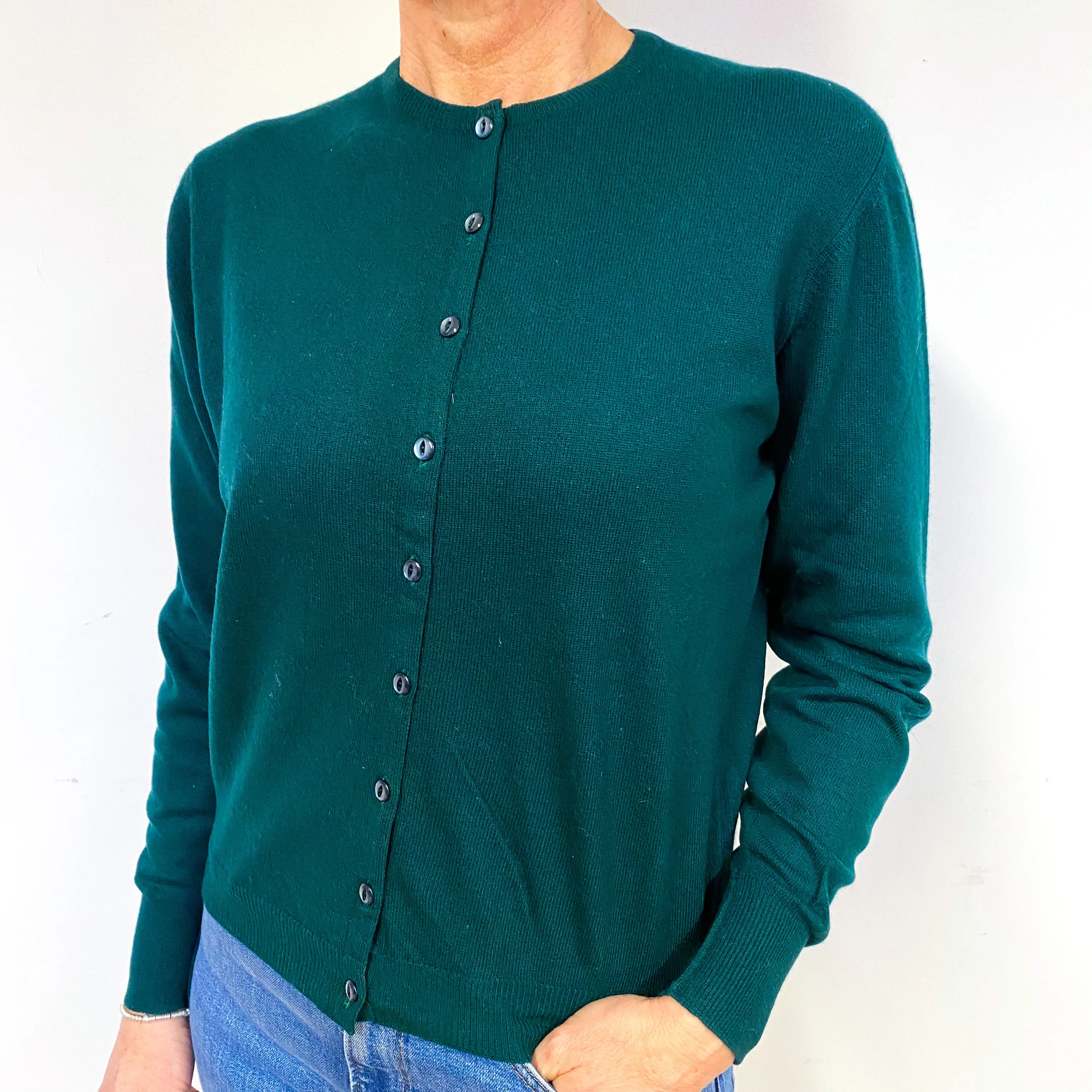 Bottle Green Cashmere Crew Neck Cardigan Medium