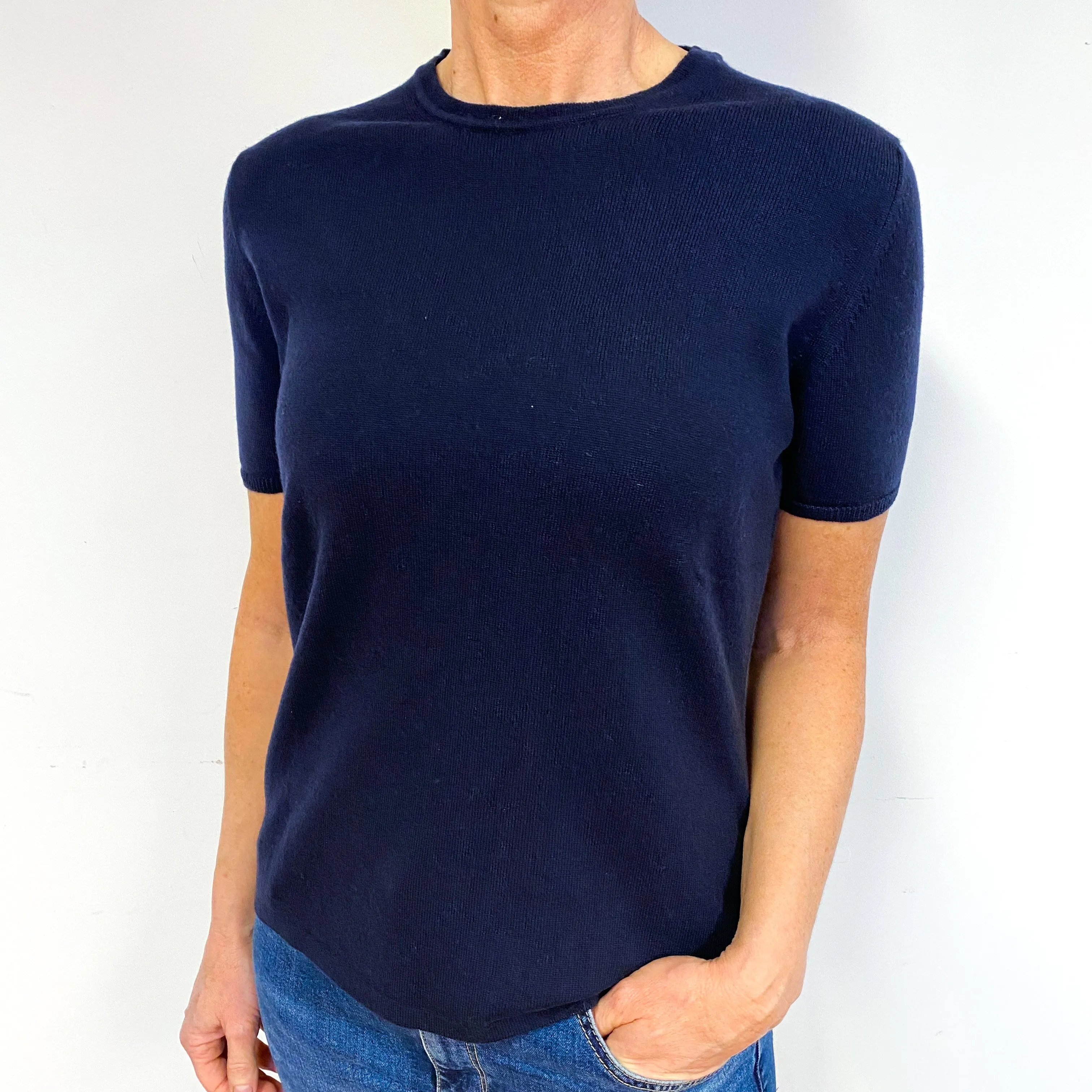 Brand New Scottish Navy Blue Cashmere Crew Neck Tee Medium