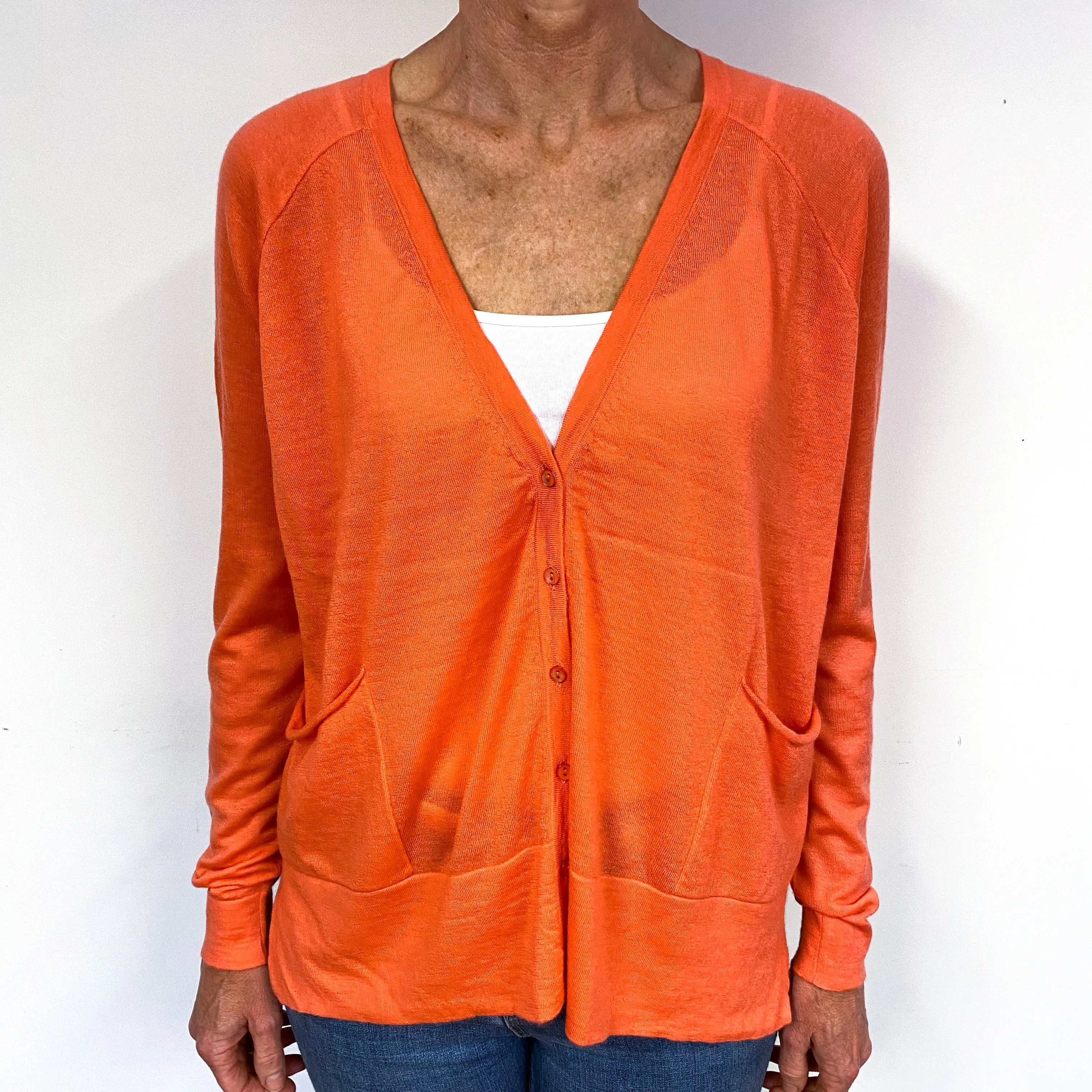 Bright Orange Super Fine Knit Cashmere Slouchy Cardigan Medium