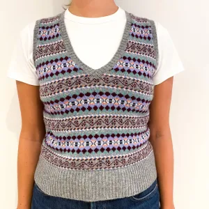 Brora Grey, Blue and Pink Fair Isle Cashmere Tank Top Small