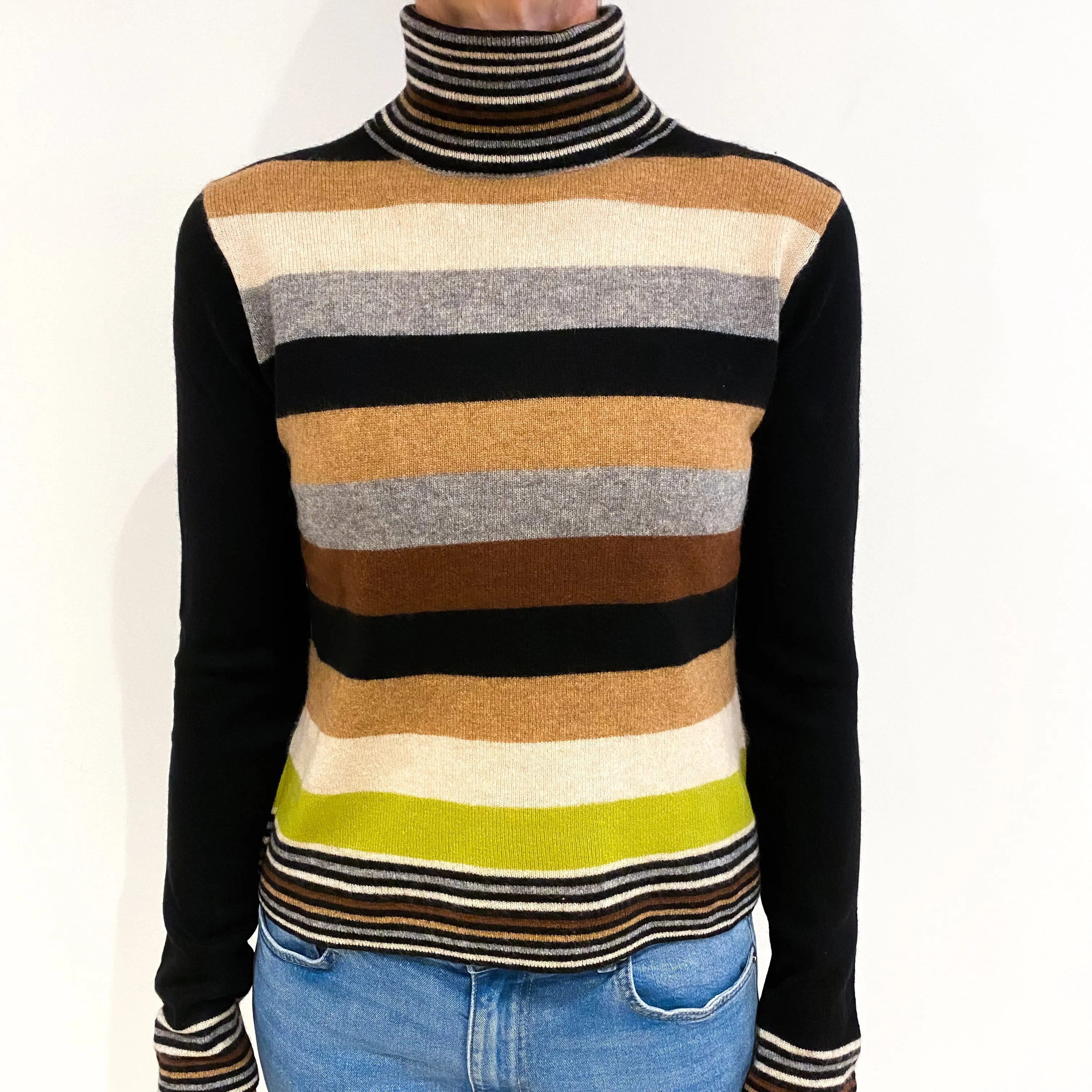 Brown and Black Stripe Cashmere Polo Neck Jumper Small