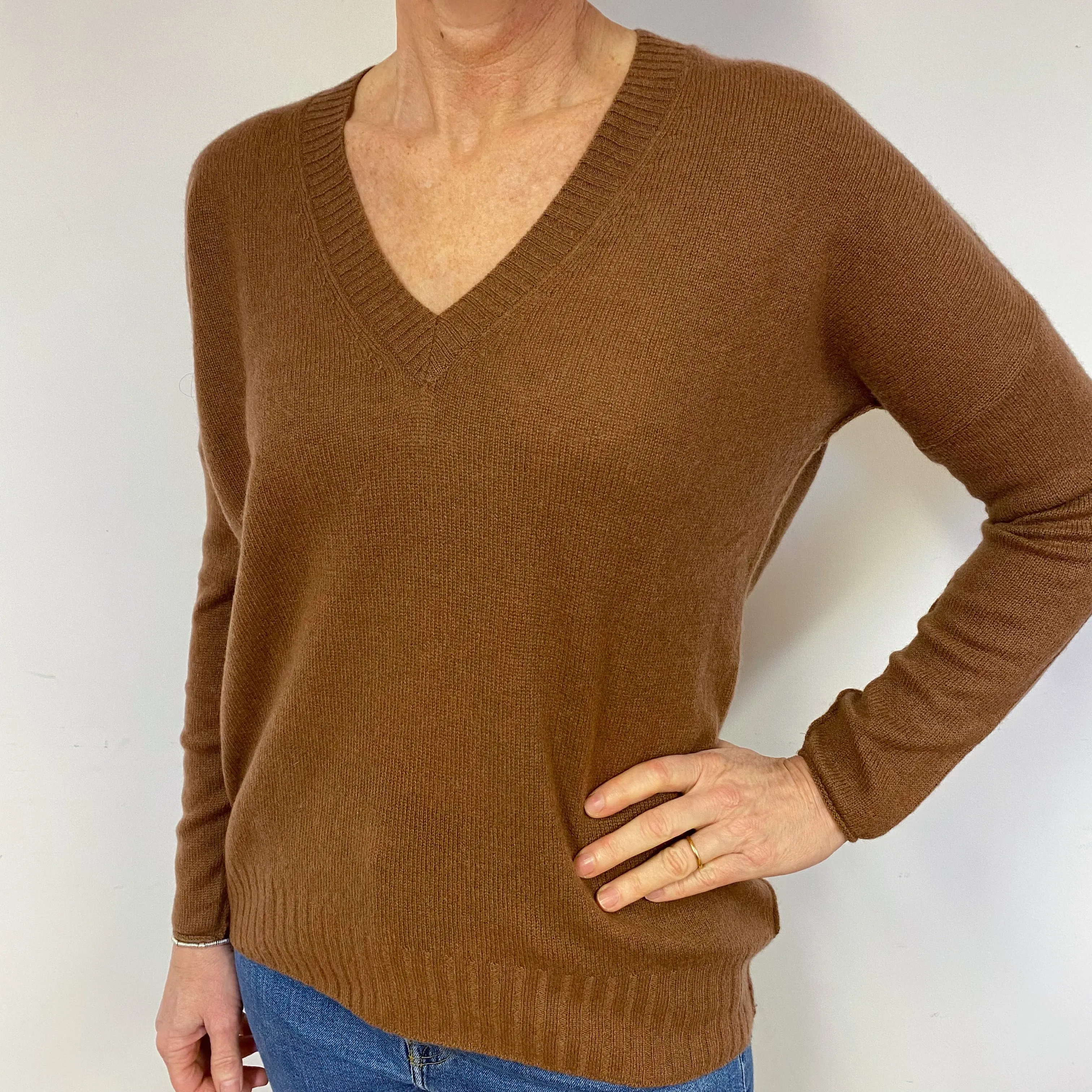 Brown Boxy Cashmere V-Neck Jumper Medium