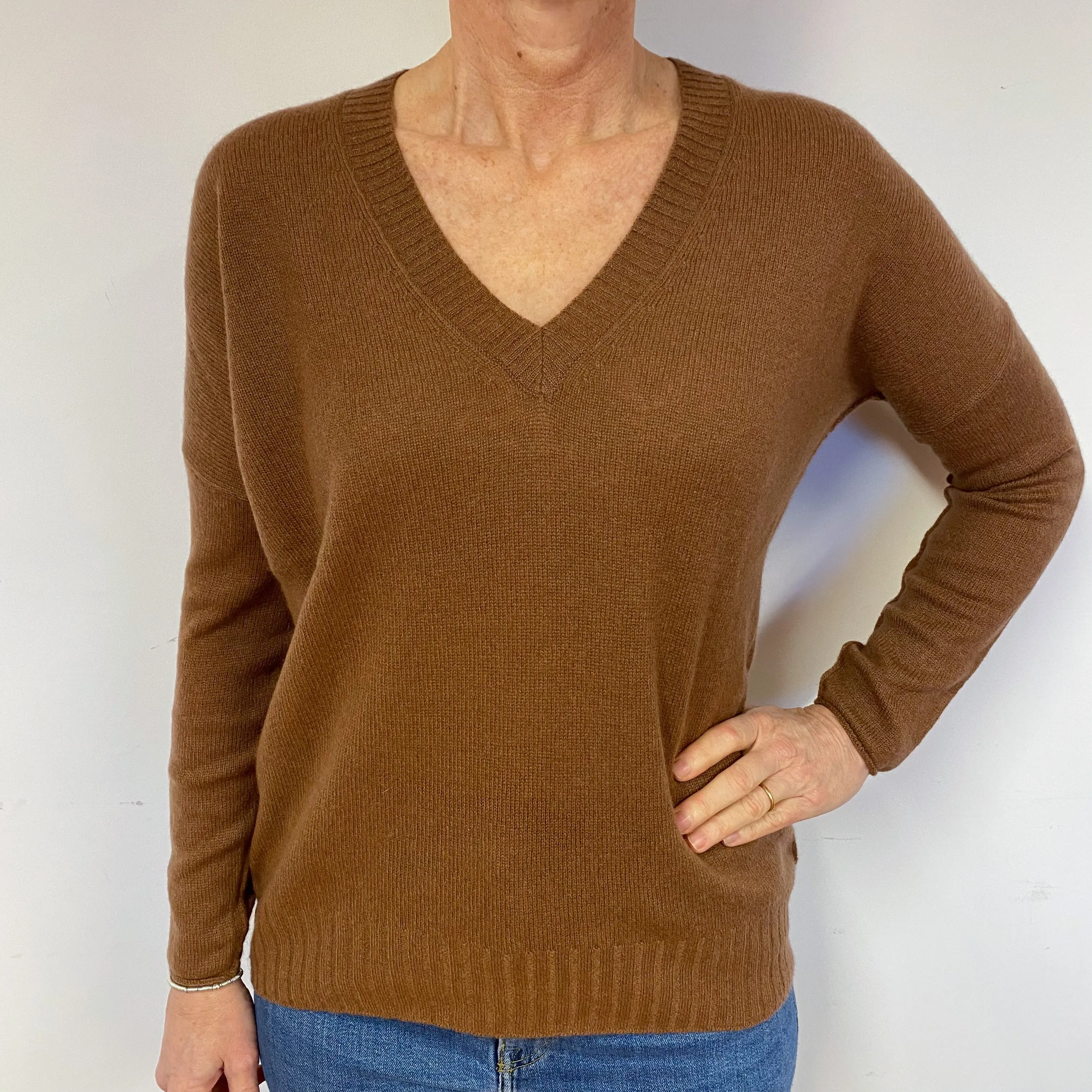 Brown Boxy Cashmere V-Neck Jumper Medium