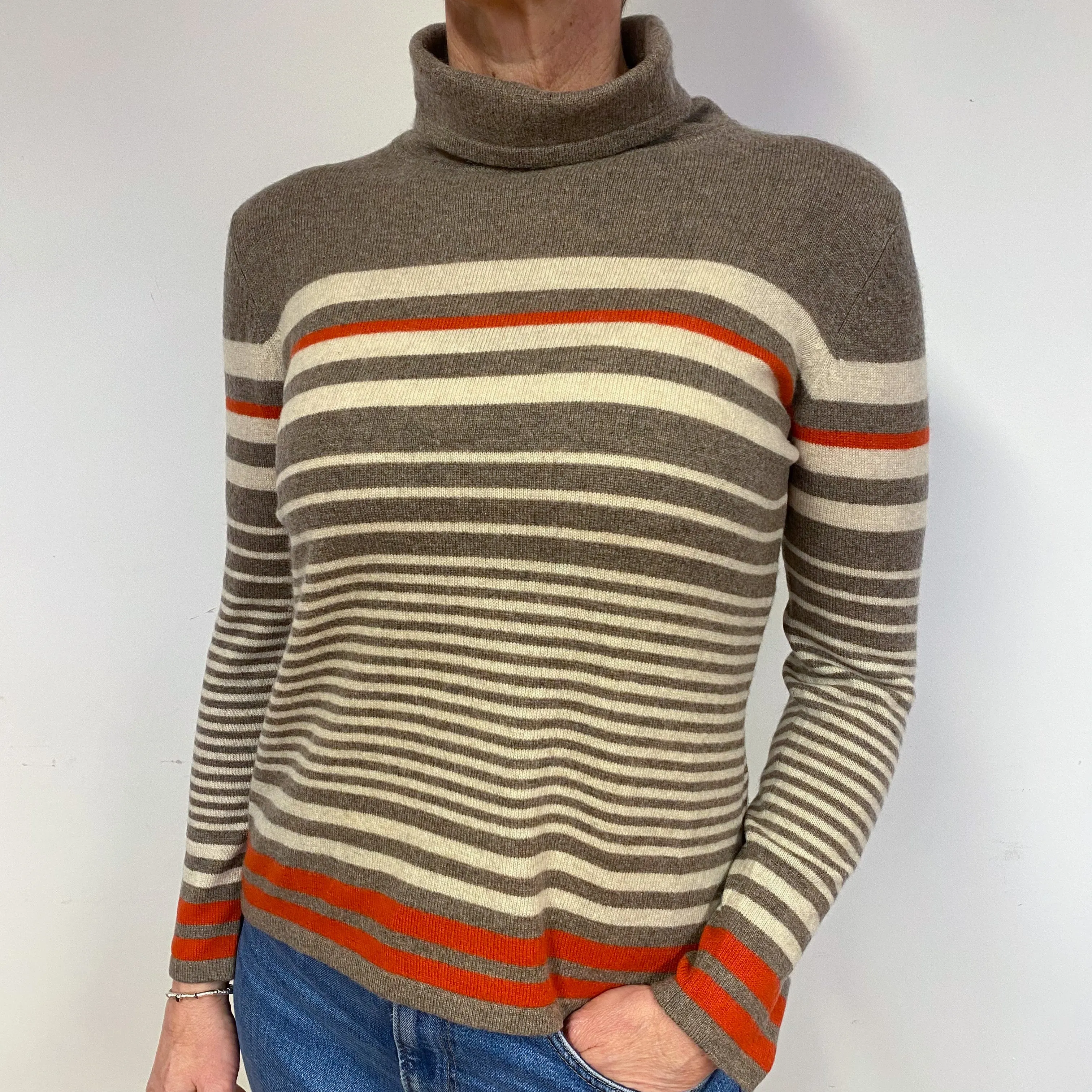 Brown Cream Striped Cashmere Polo Neck Jumper Medium