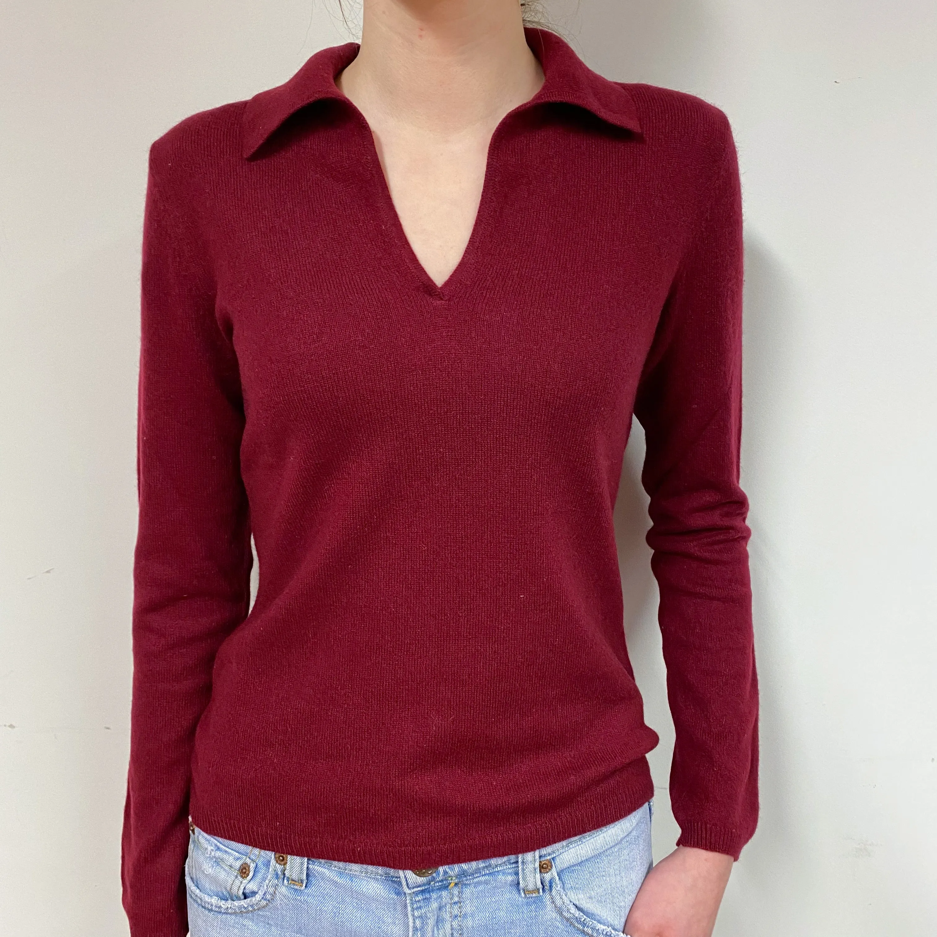 Burgundy Cashmere Collared V-Neck Jumper Extra Small