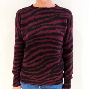 Burgundy Red and Black Zebra Print Slouchy Cashmere Crew Neck Jumper Small