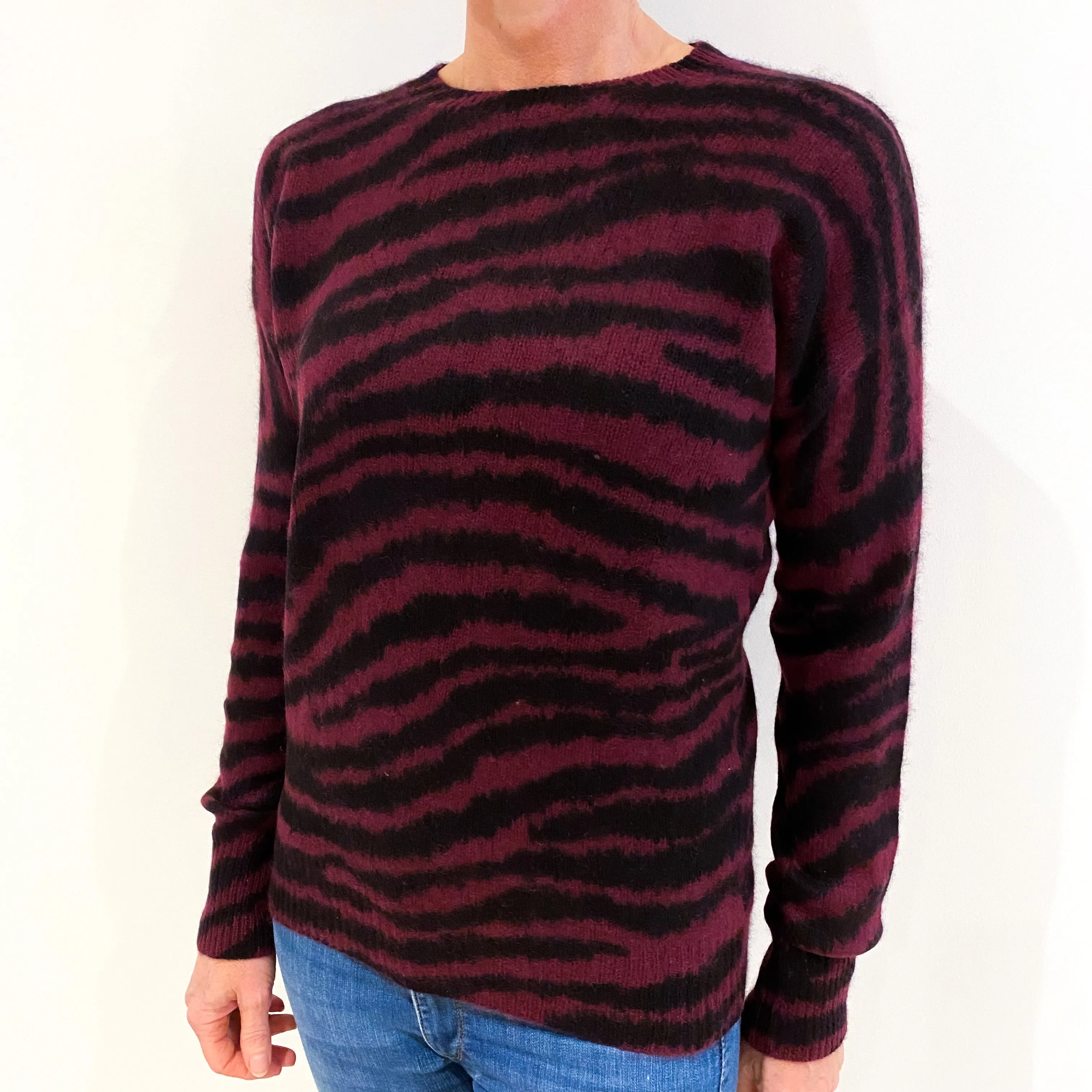 Burgundy Red and Black Zebra Print Slouchy Cashmere Crew Neck Jumper Small