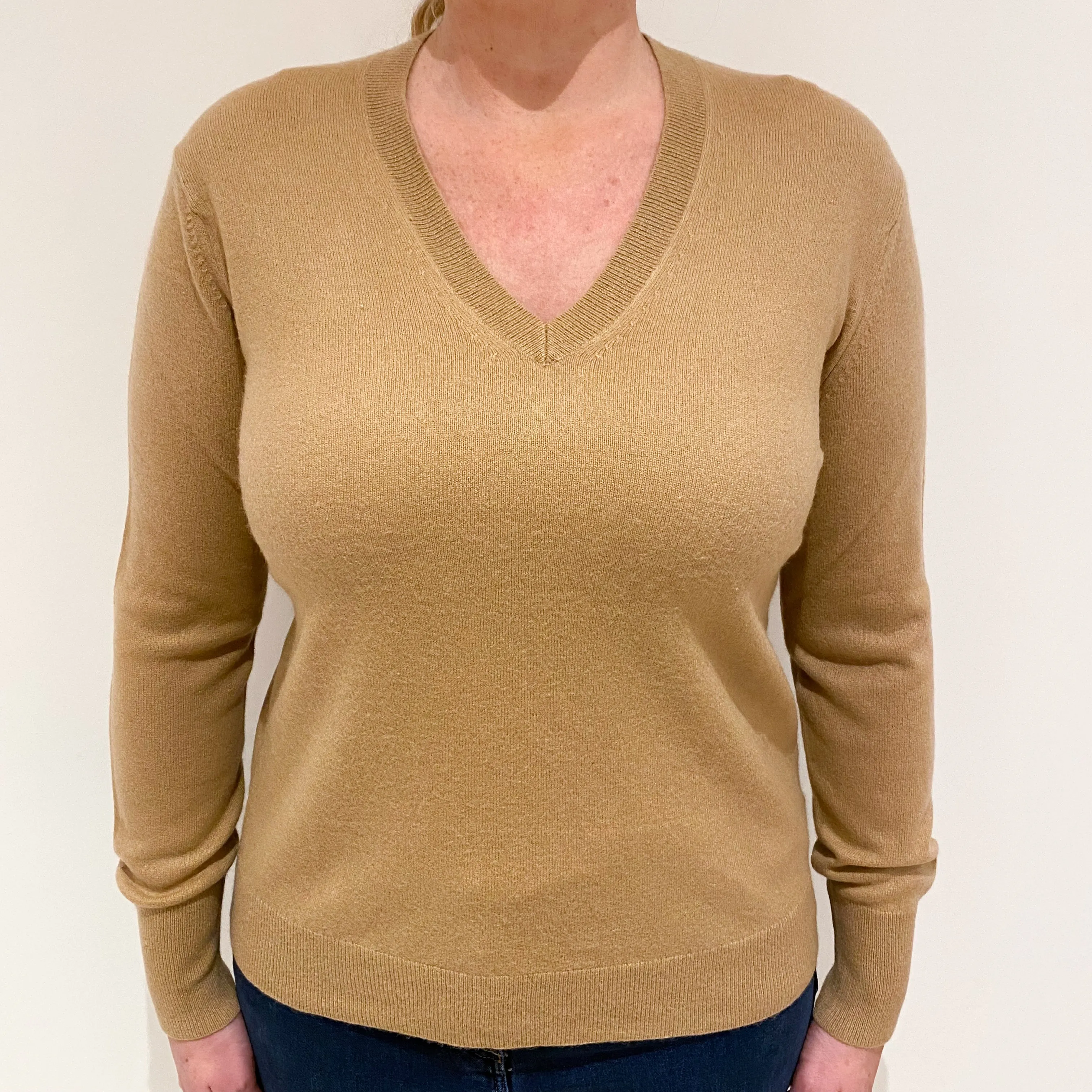 Camel Brown Cashmere V-Neck Jumper Large