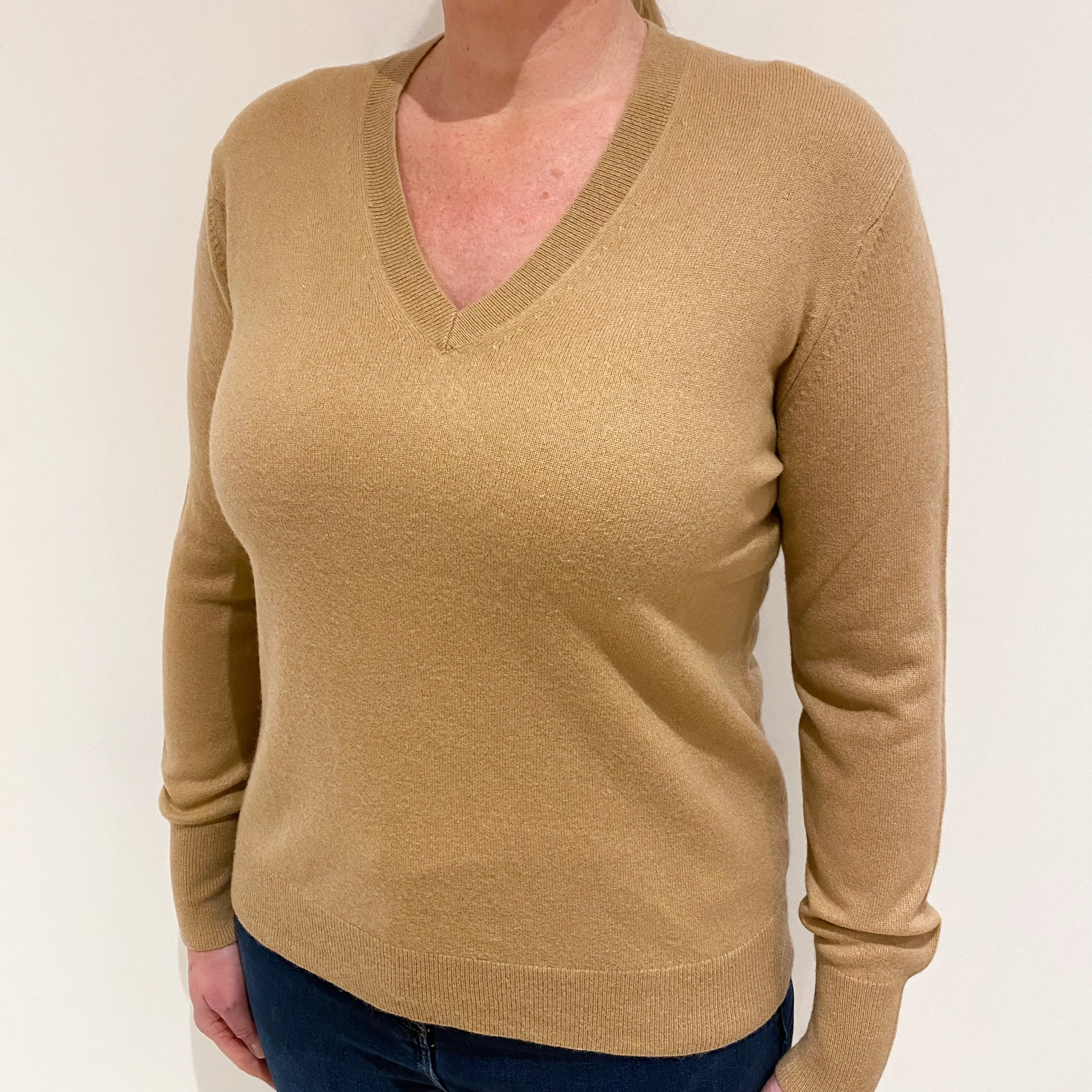 Camel Brown Cashmere V-Neck Jumper Large