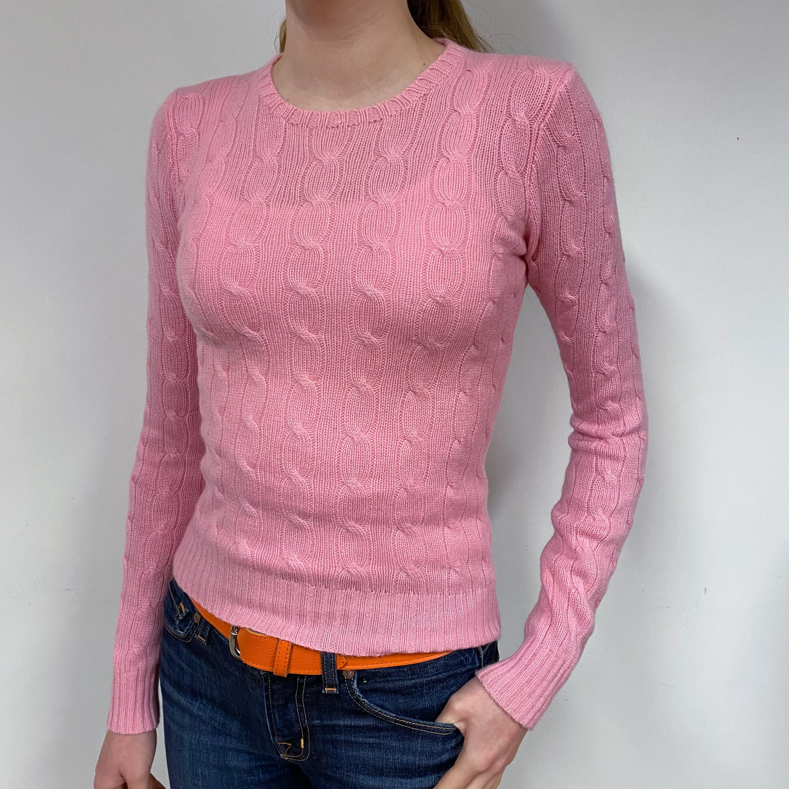 Candy Pink Cable Cashmere Crew Neck Jumper Extra Small