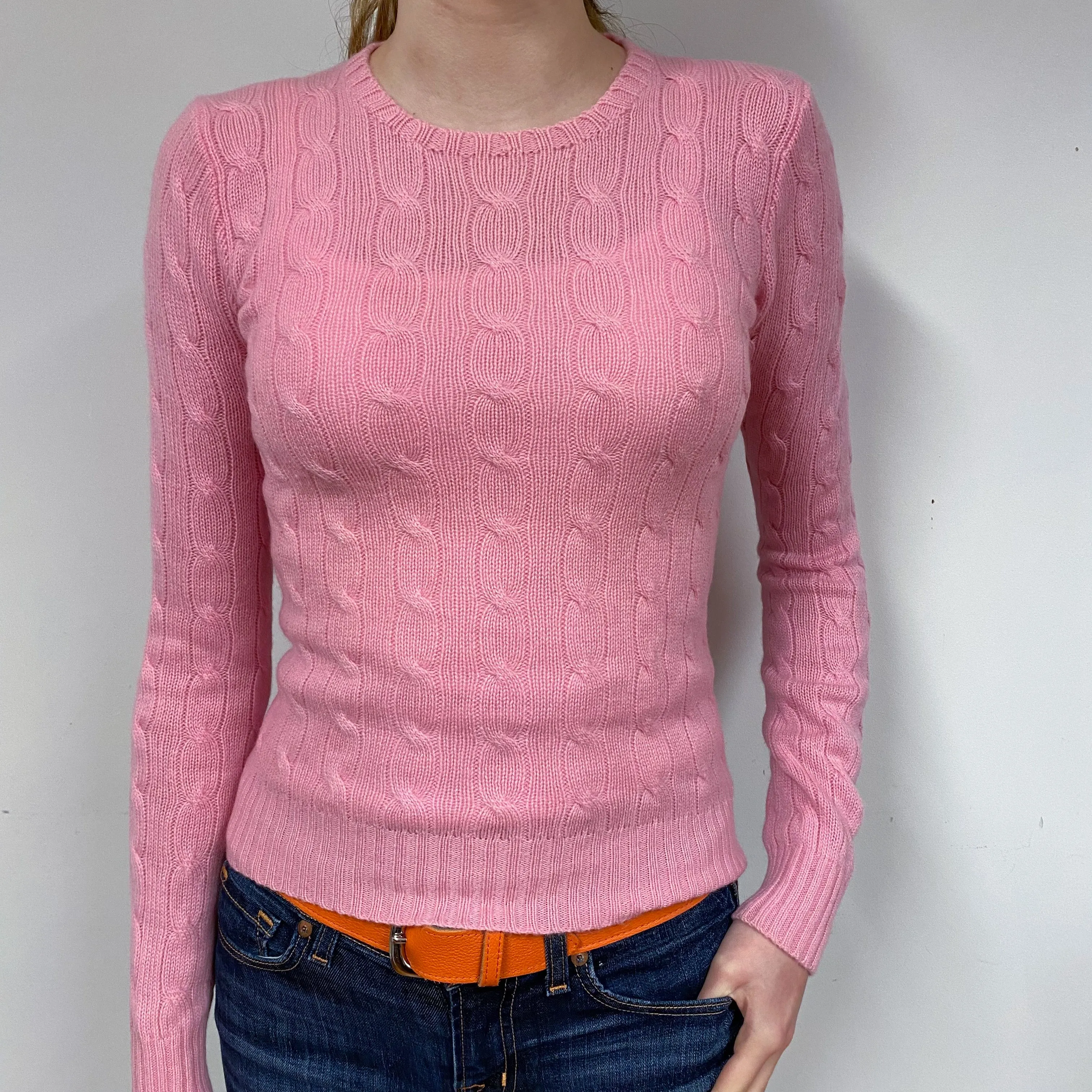 Candy Pink Cable Cashmere Crew Neck Jumper Extra Small