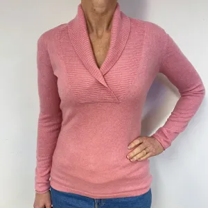 Candy Pink Shawl Collar Cashmere V-Neck Jumper Medium