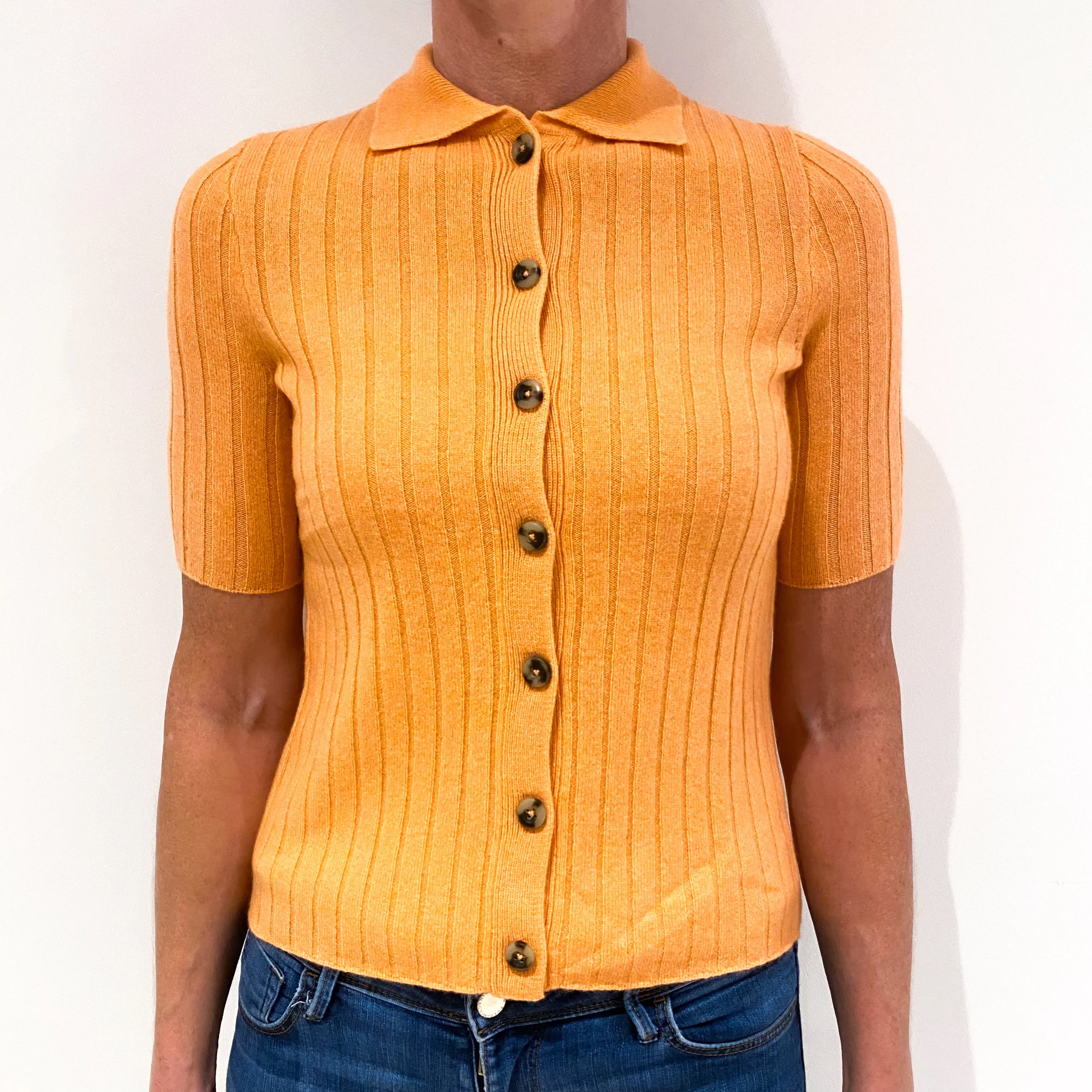 Cantaloupe Orange Ribbed Short Sleeved Cashmere Collared Cardigan Small