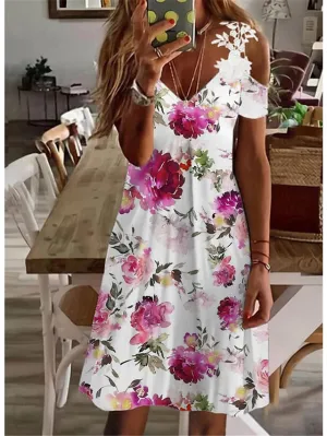 Casual Dress Summer Dress Slip Dress Floral Lace Print Strap Midi Dress Fashion Streetwear Outdoor Daily Short Sleeve Regular Fit White Pink Green Summer Spring S M L XL XXL for Women