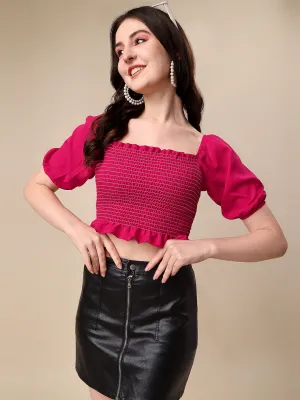 Casual Puff Sleeves Solid Women Pink Smoking Crop Top