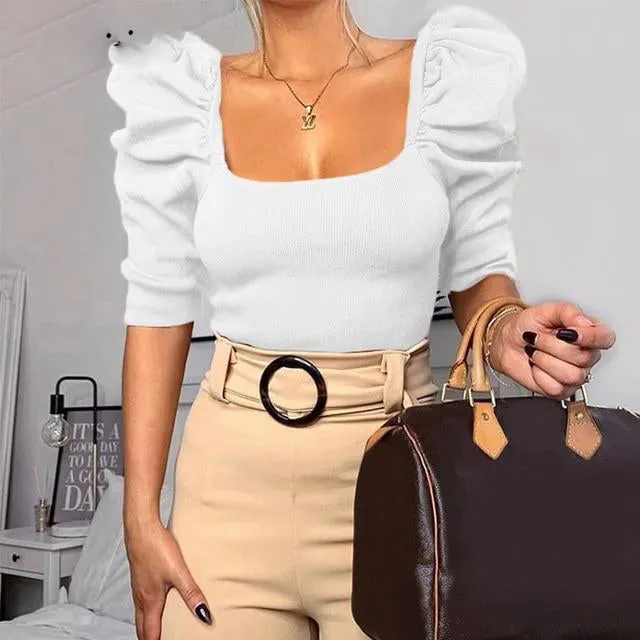 Casual Square neck Slim Fit Puff Sleeve Women Blouse