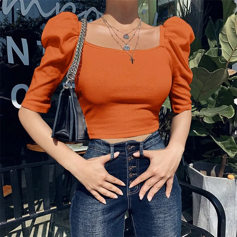 Casual Square neck Slim Fit Puff Sleeve Women Blouse